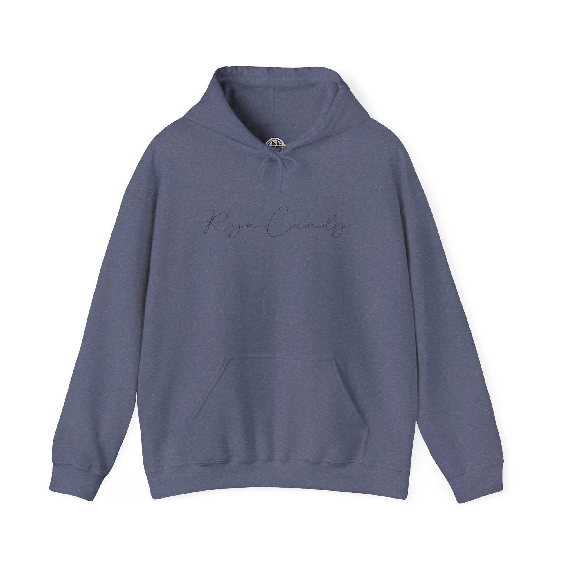 Slate blue Graphic Whiskey Hooded Sweatshirt with 'Rye Candy' script, perfect for whiskey lovers seeking a relaxed, artistic look.