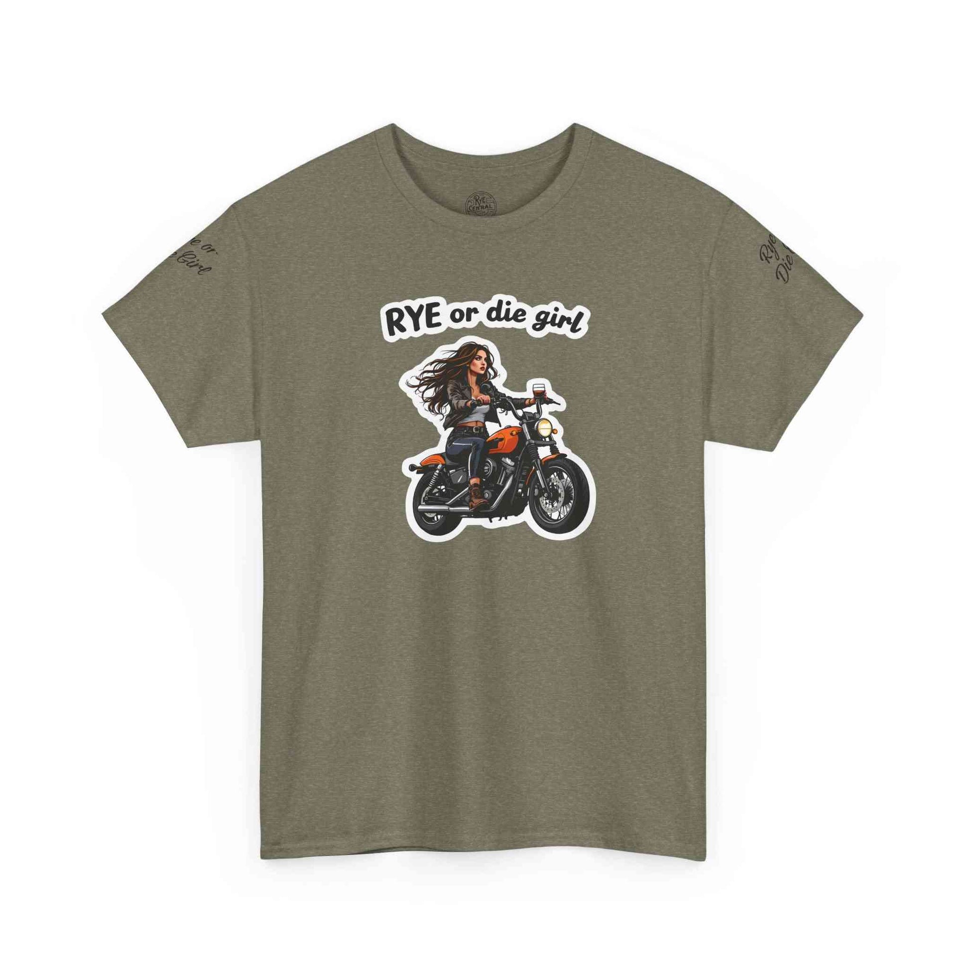 Olive green whiskey t-shirt with 'Rye or Die Girl' slogan and biker girl illustration, ideal for unisex whiskey-themed casual wear.