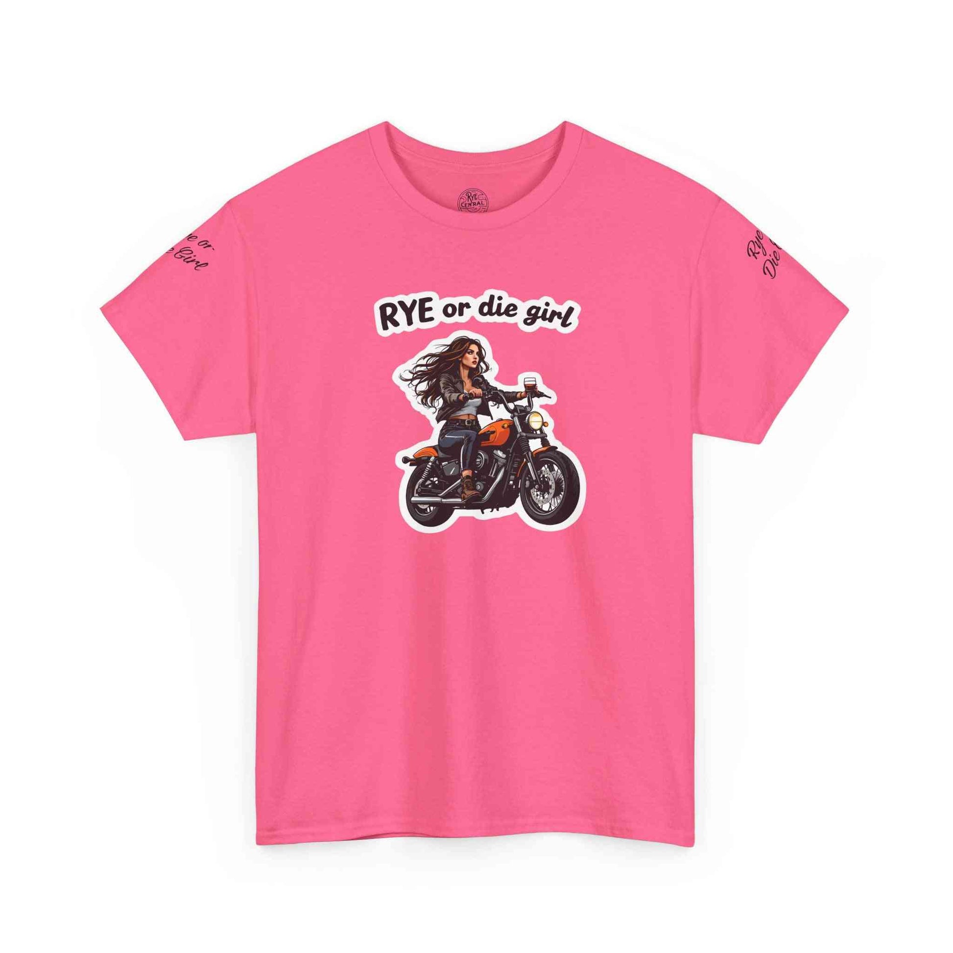 Hot pink whiskey shirt with 'Rye or Die Girl' slogan and biker girl illustration, perfect for women who mix humor with whiskey passion.