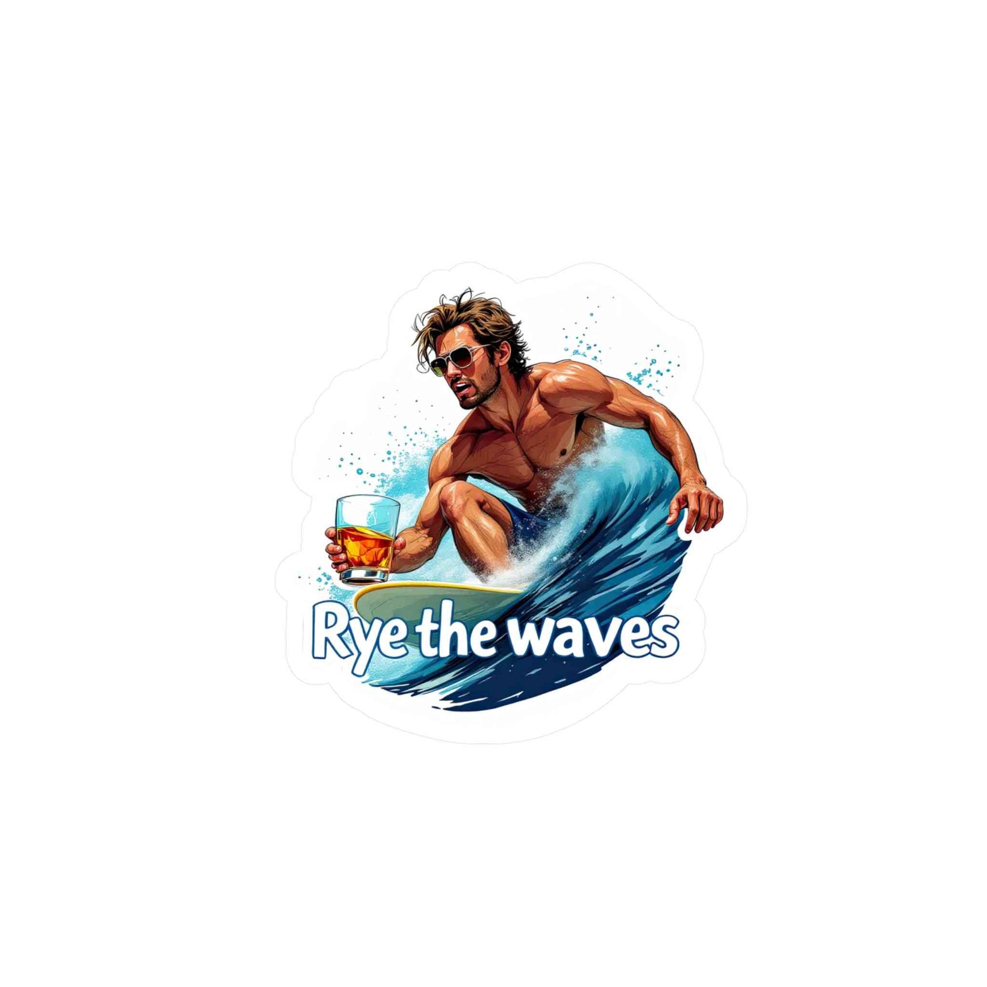 Funny and stylish 'Rye the waves' vinyl decal featuring a surfer with whiskey, great for customizing gear or gifts.