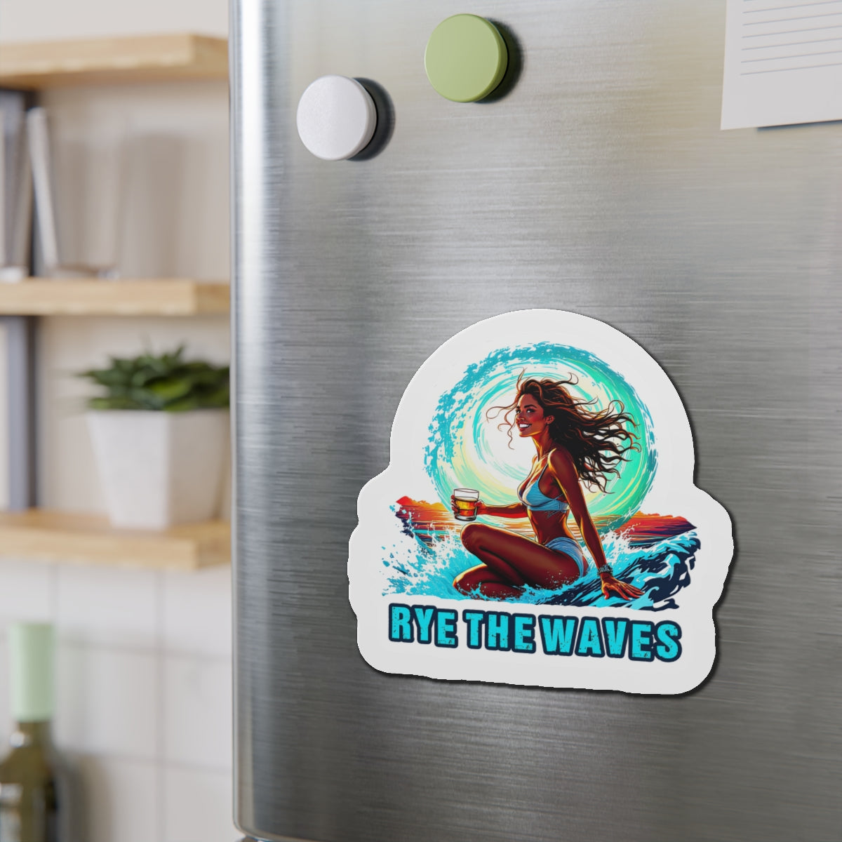 “Rye The Waves” Surfer Girl Whiskey Magnet