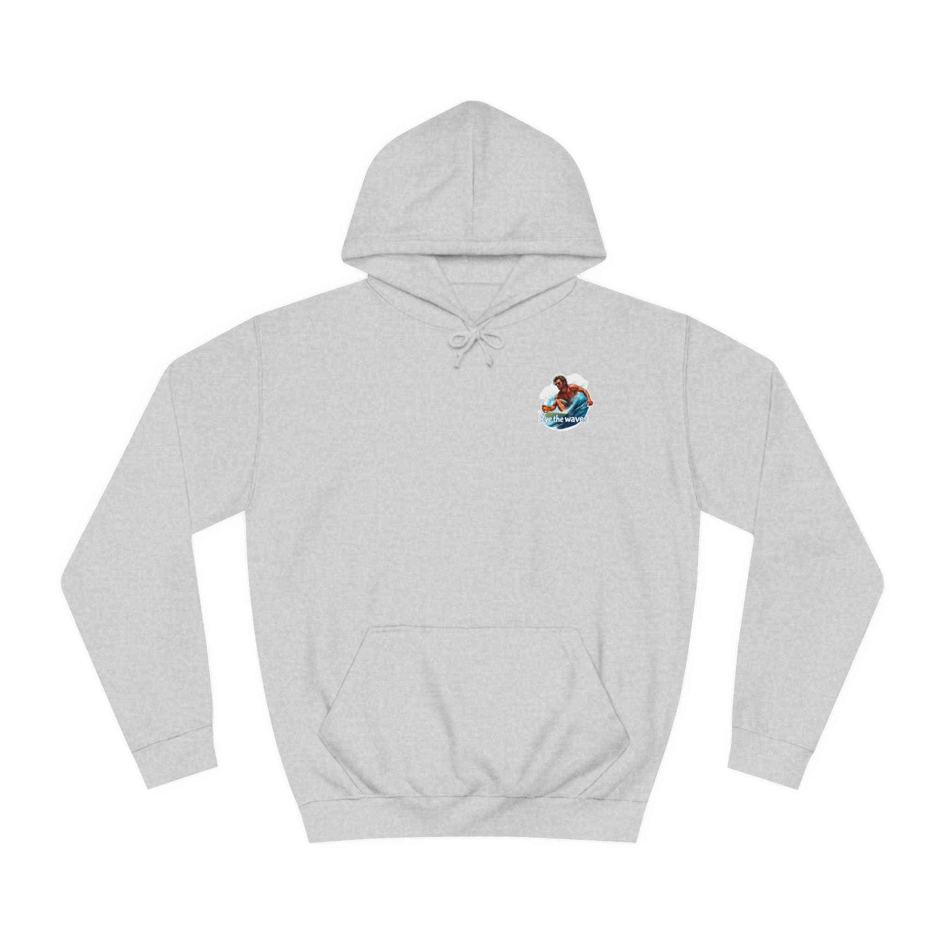Light gray Surf Whiskey Hoodie with front surf graphic, made from cotton-poly blend for cozy wear and relaxed unisex fit.