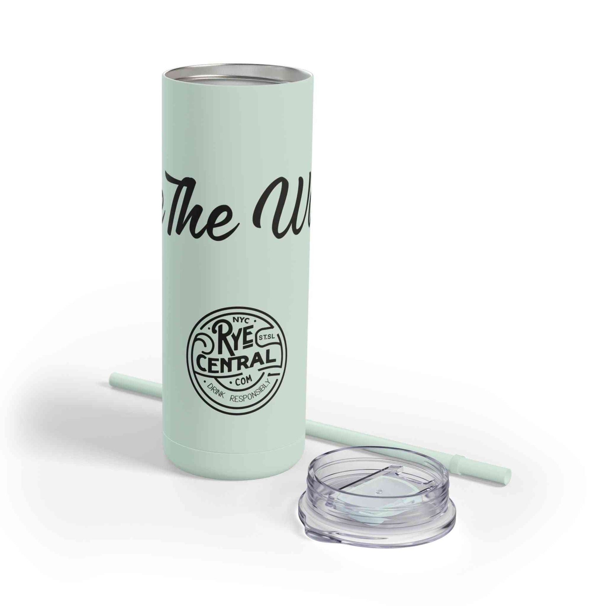 Mint green skinny travel whiskey tumbler with straw and lid, featuring 'Rye The Waves' design for stylish adventures on the go.