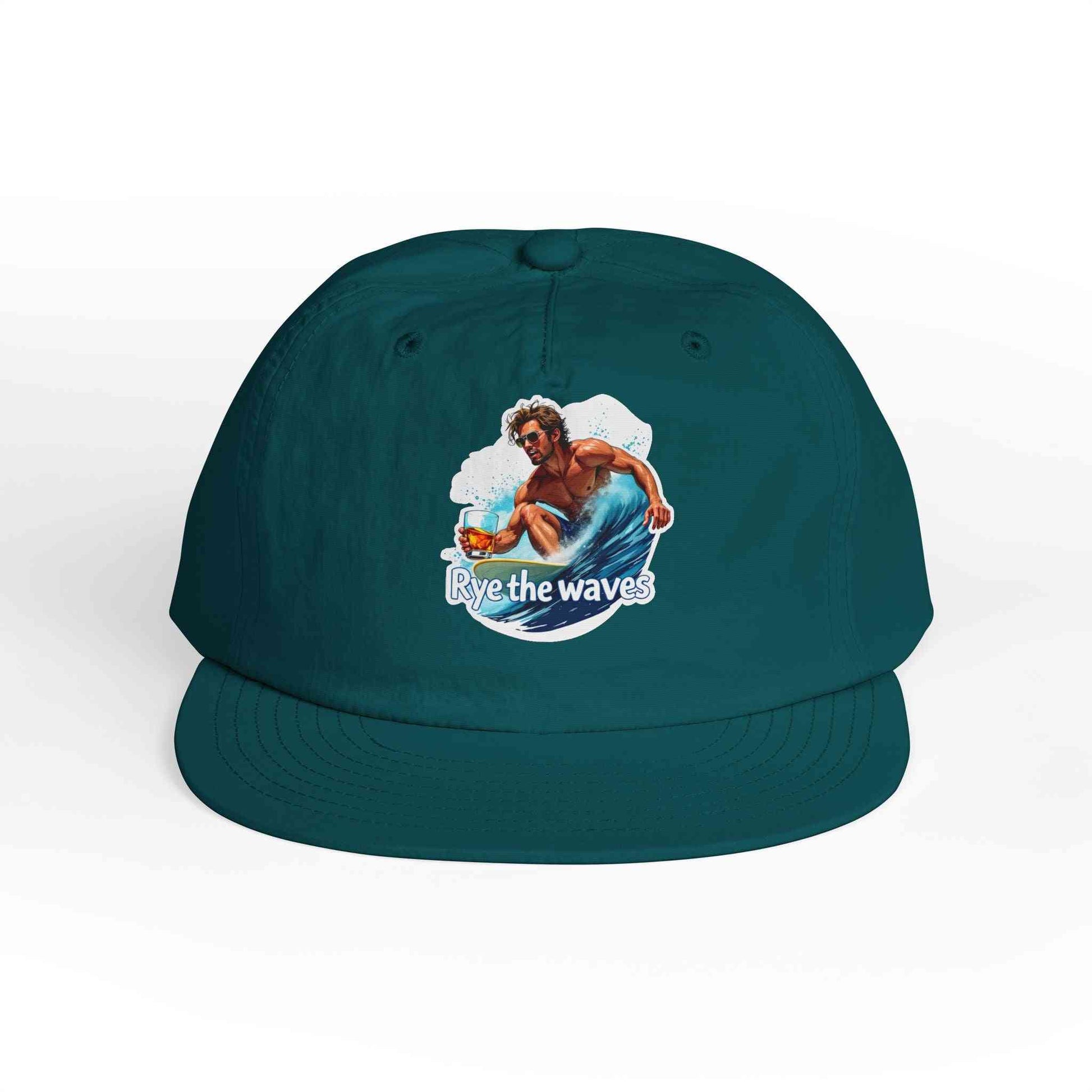 Teal Whiskey Bent Hat for Surfers Eco-Friendly Cap with vibrant surfer print, designed for sustainable outdoor and surf style.