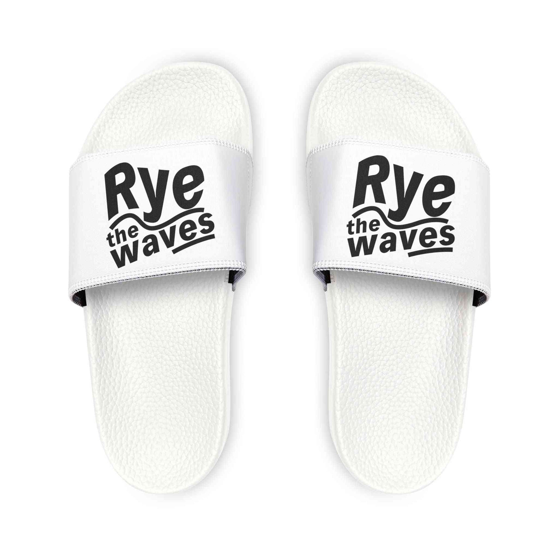 Top view of Whiskey Beach Sandals for Men featuring bold 'Rye the Waves' text on white straps, ideal for stylish beachwear comfort.