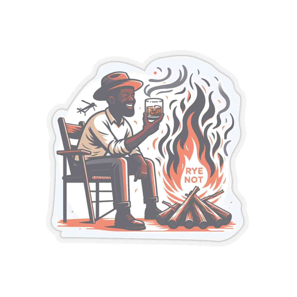 Funny 'Rye Not' sticker with a campfire and whiskey theme, great for decorating journals, laptops, or gift boxes.