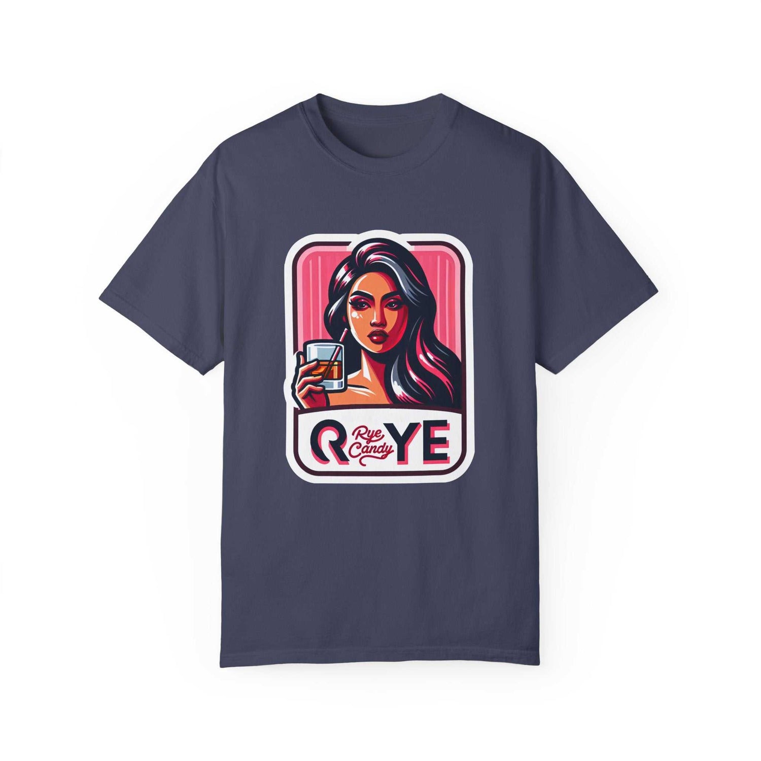 Funny whiskey T-shirt in navy with bold graphic of woman holding whiskey and 'Rye Candy' text—perfect for whiskey lovers with humor.