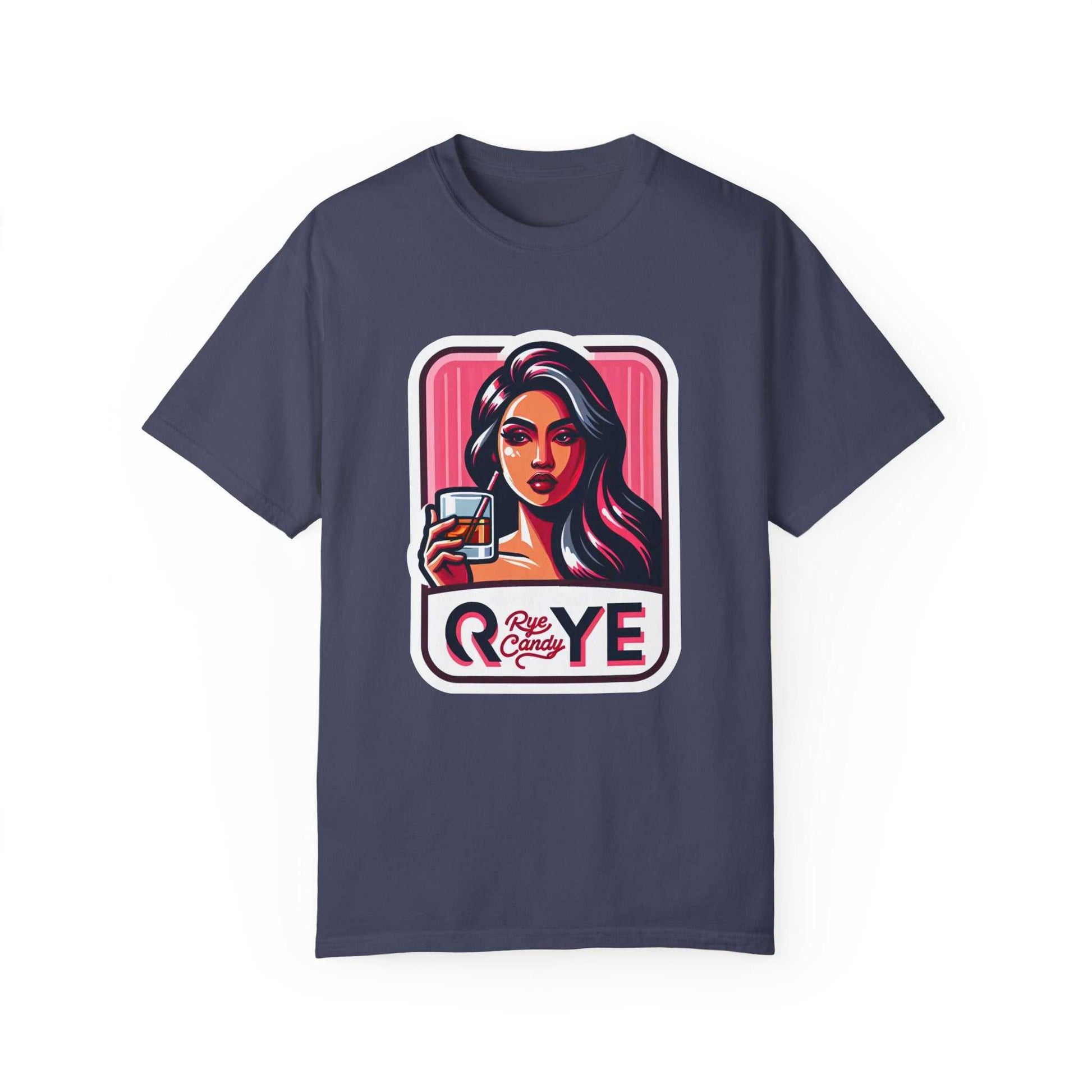 Funny whiskey T-shirt in navy with bold graphic of woman holding whiskey and 'Rye Candy' text—perfect for whiskey lovers with humor.