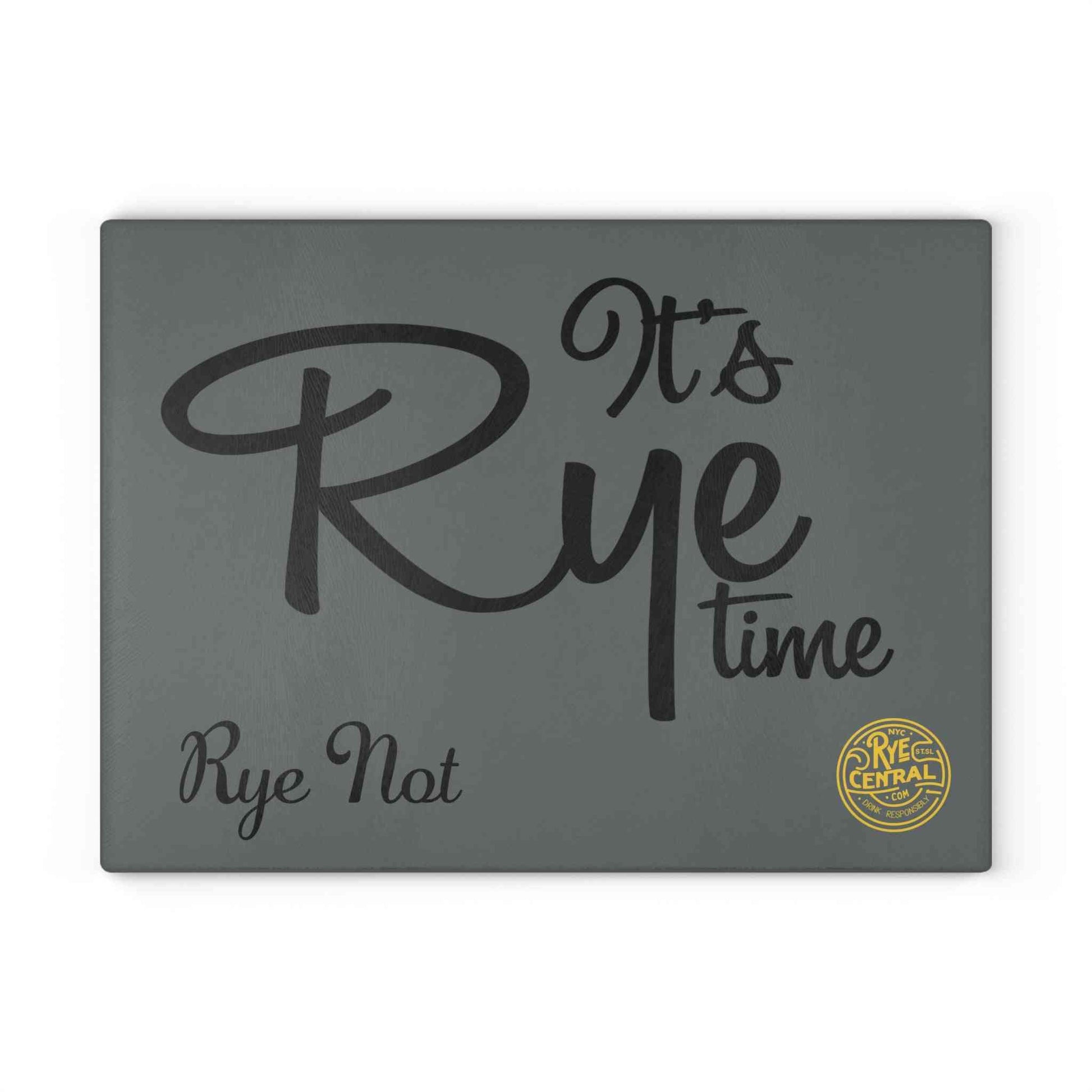 Tempered glass Whiskey Bar Cutting Board with bold typography and Rye Central logo, ideal for stylish kitchen decor and barware accessories.