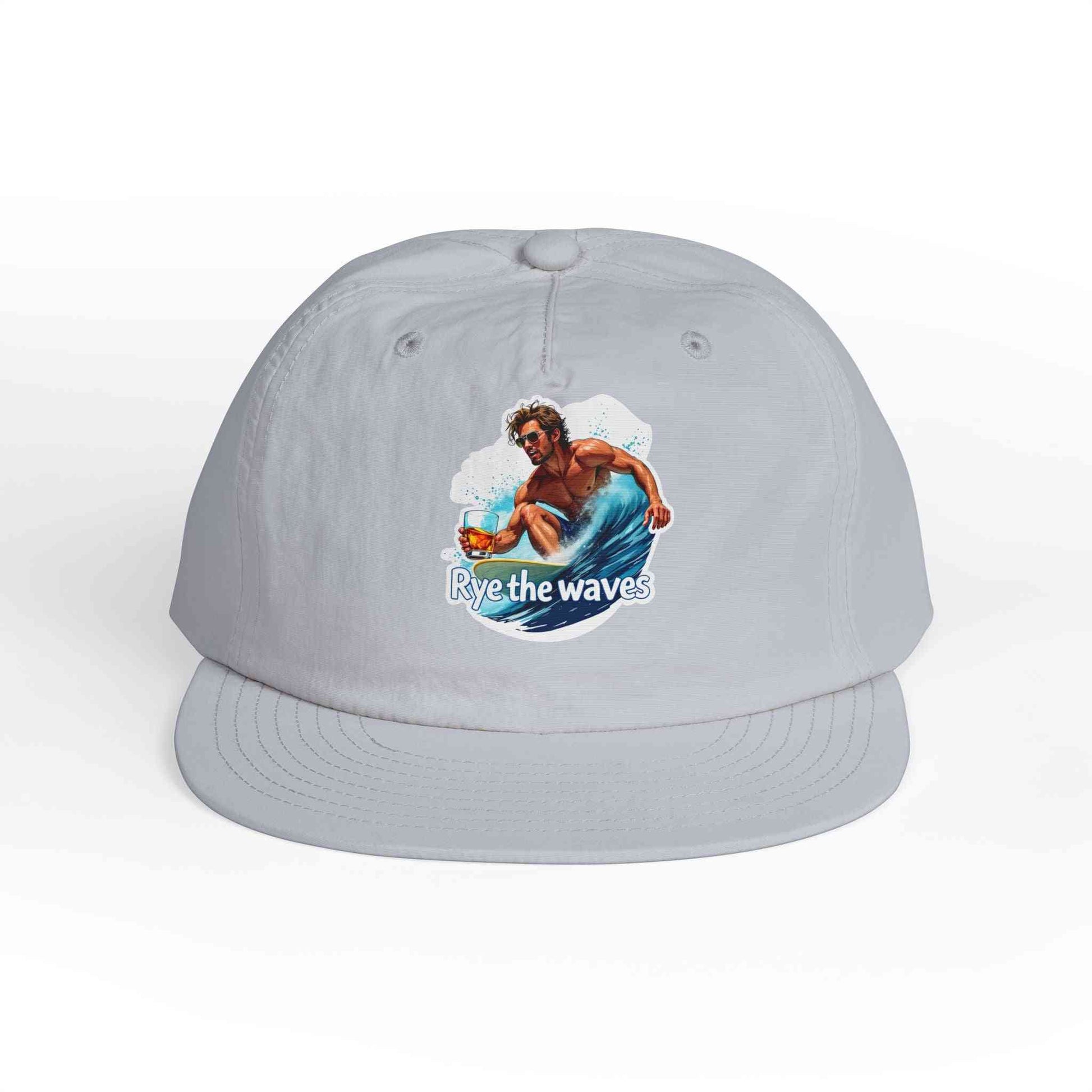 Light gray Whiskey Bent Hat for Surfers Eco-Friendly Cap with colorful surfer design, great for sustainable fashion lovers.