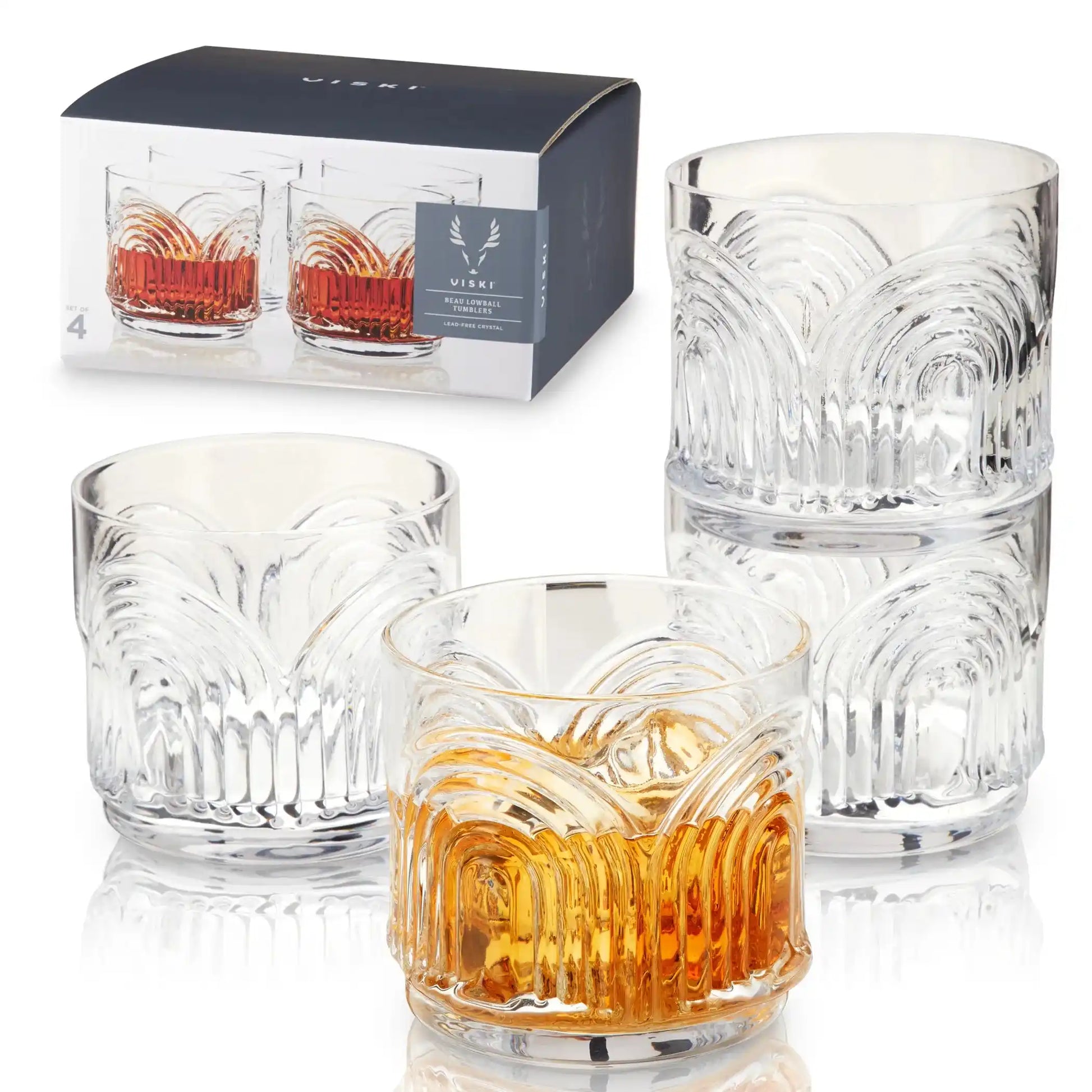 Set of 4 Beau Lowball Tumblers by Viski, designed for whiskey lovers with textured crystal design enhancing drink presentation and flavor.