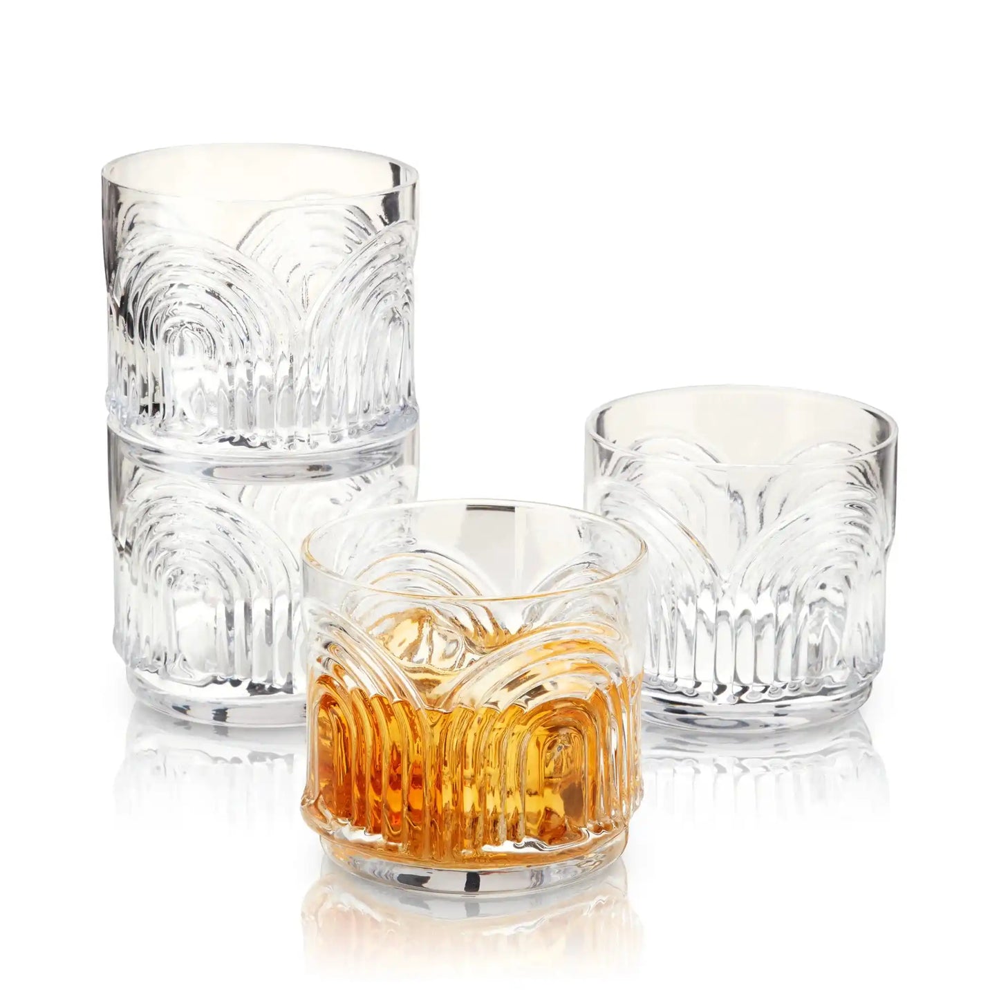 Four Beau Lowball Tumblers by Viski in clear lead-free crystal, showcasing intricate curved detailing ideal for stylish whiskey serving.