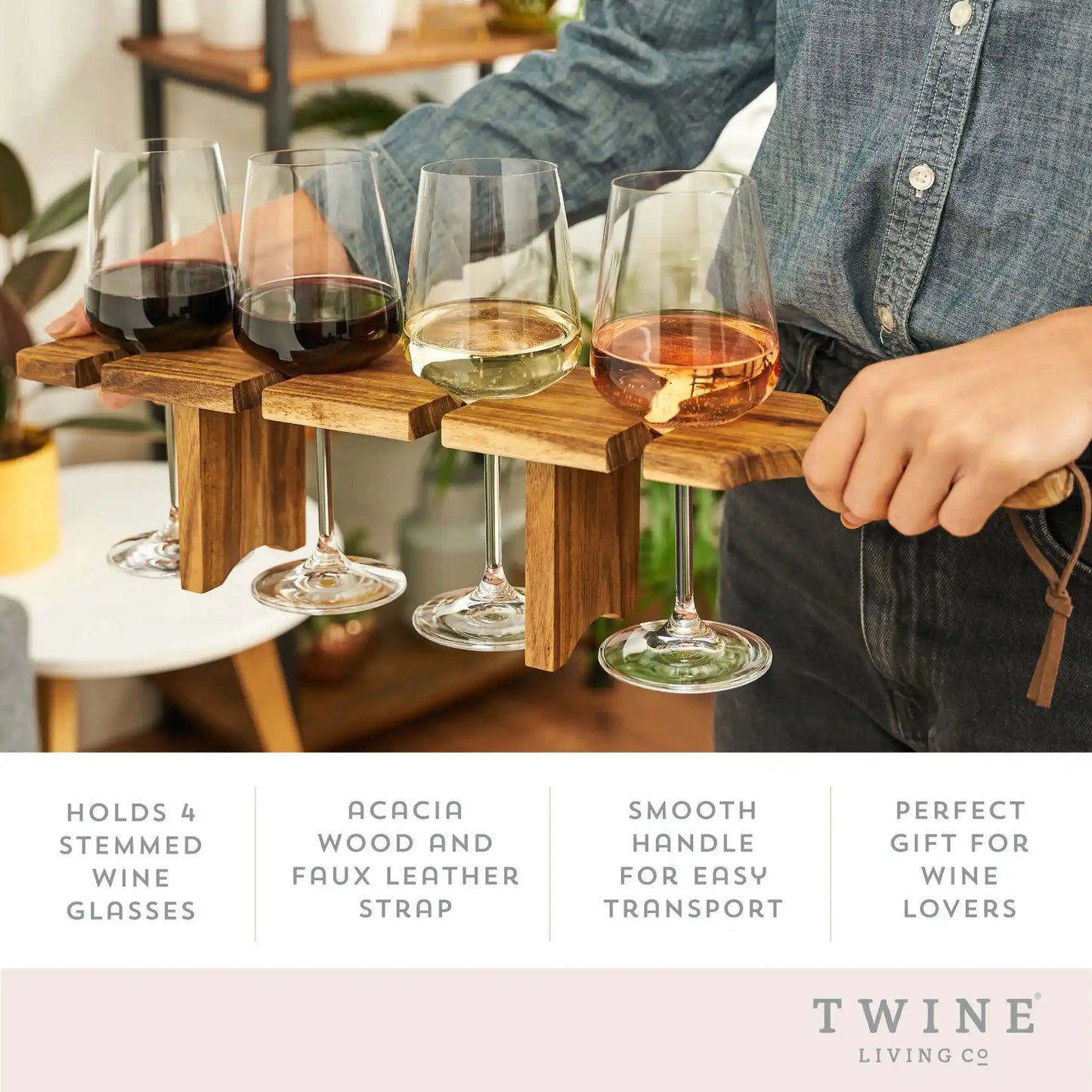 Easy Transport Flight Carrier dimensions shown with 22.5-inch width and 4.5-inch depth, crafted from durable acacia wood.