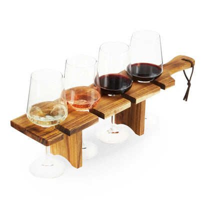 Acacia wood Easy Transport Flight Carrier with four wine glass slots and leather strap, designed for easy and elegant drink service.