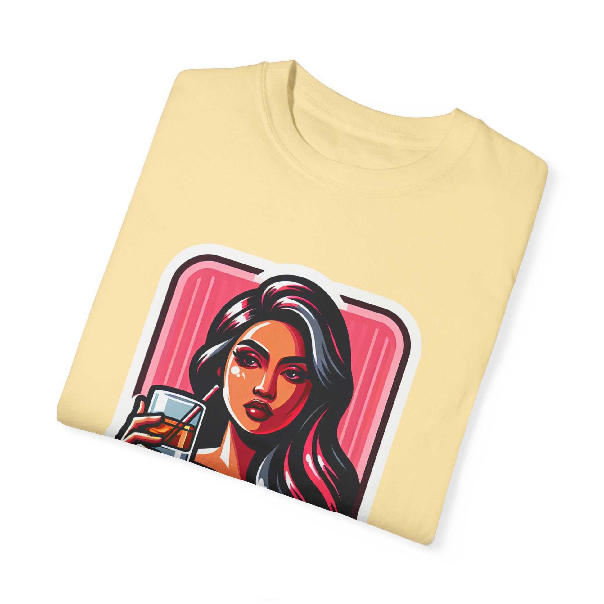 Folded yellow funny whiskey T-shirt showcasing bold woman and whiskey artwork—adds humor and flair to any casual wardrobe.