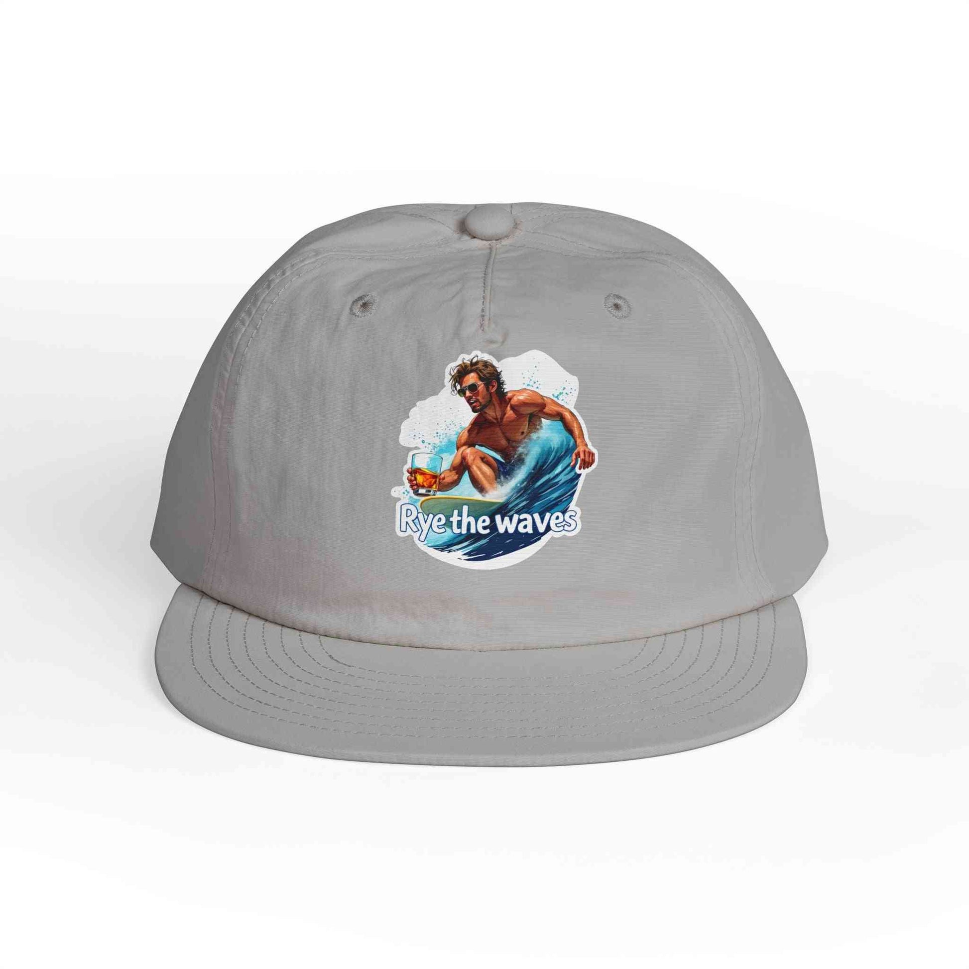 Gray Whiskey Bent Hat for Surfers Eco-Friendly Cap with vibrant surfer design, made from recycled nylon for sustainable outdoor wear.