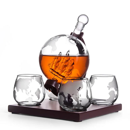 Fancy Globe Whiskey Decanter Set with Wood Stand