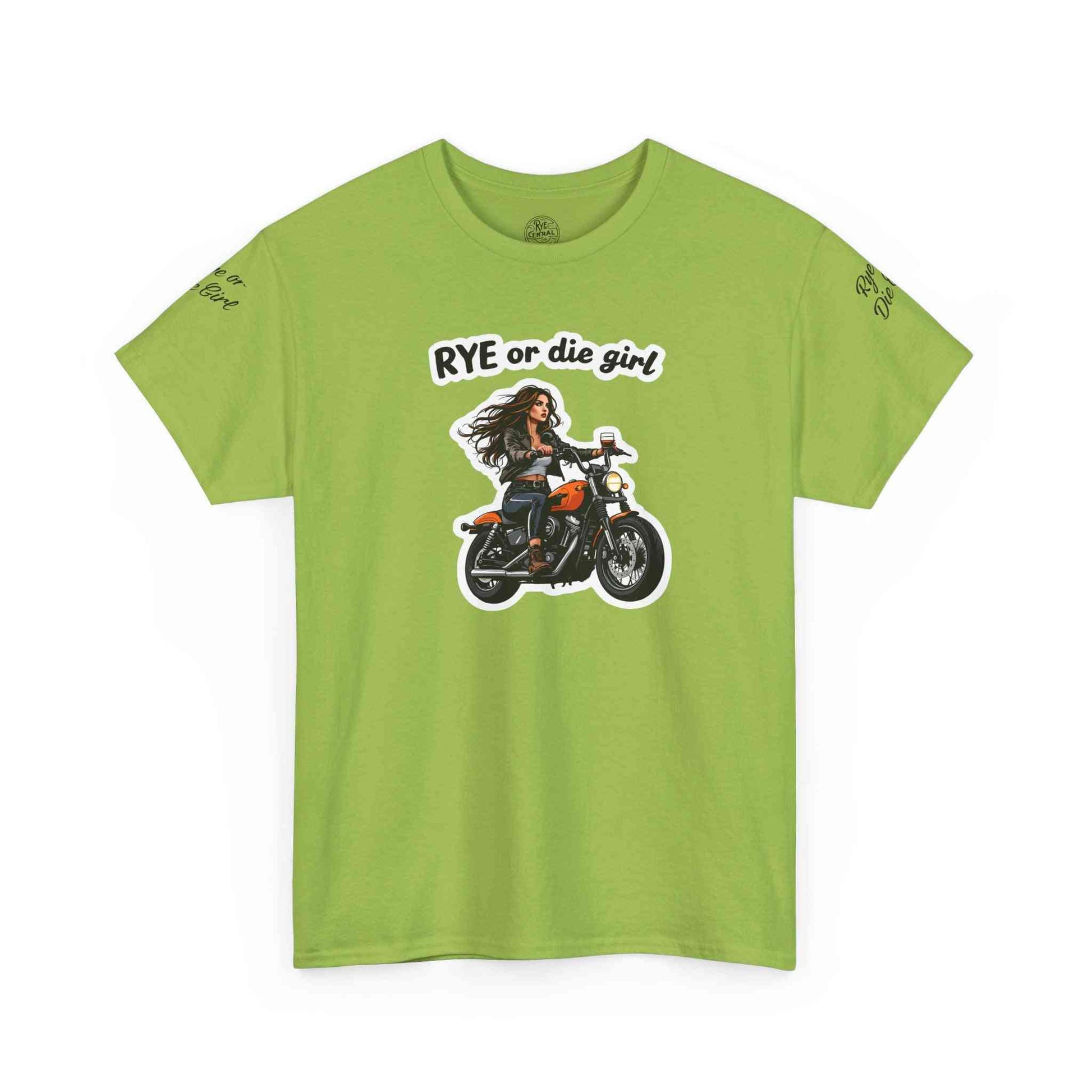 Lime green 'Rye or Die Girl' whiskey shirt with biker girl print, a fun and colorful tee for whiskey-loving women and men.