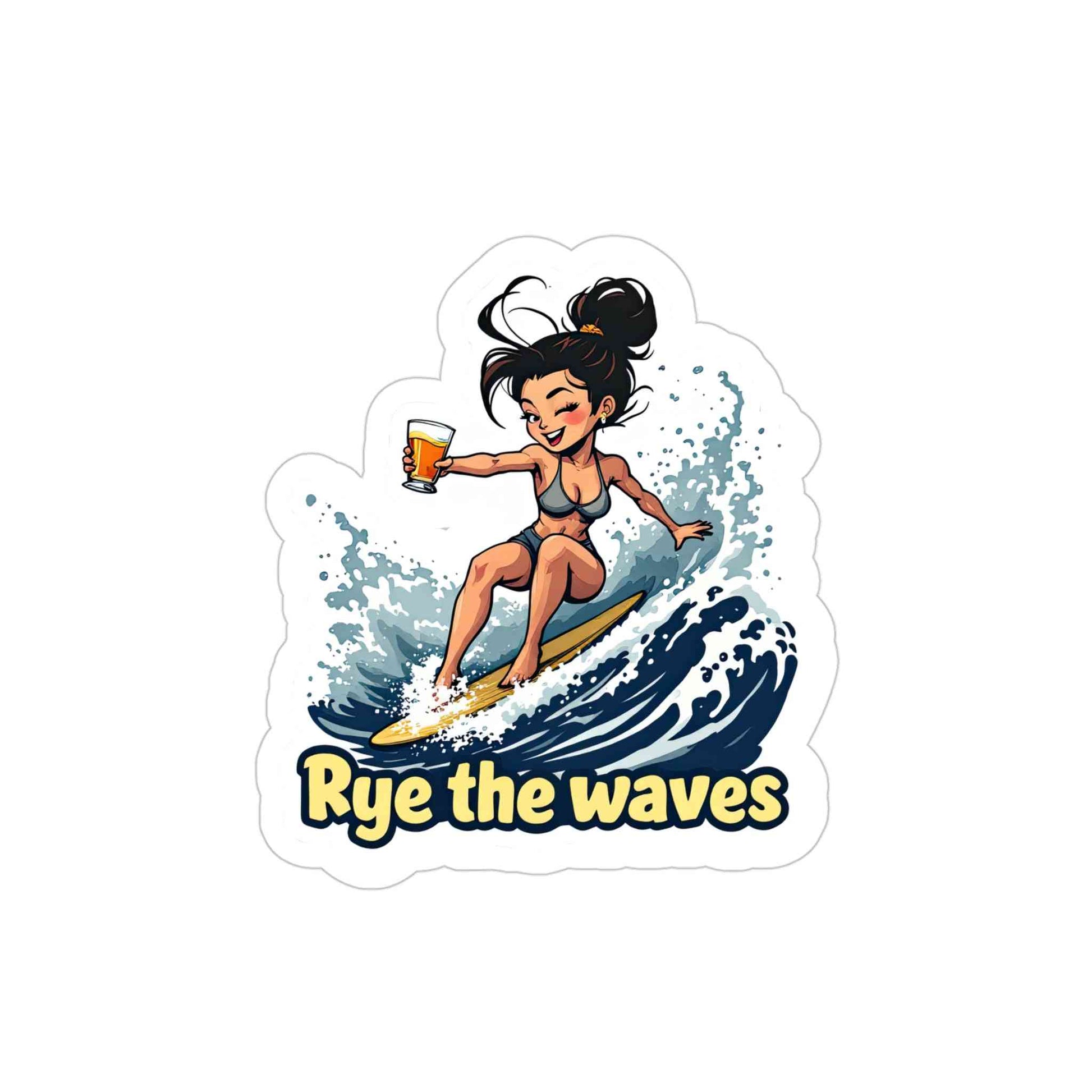 “Rye The Waves” transparent sticker on a beige van, ideal for whiskey fans looking to personalize vehicles with fun outdoor decals.