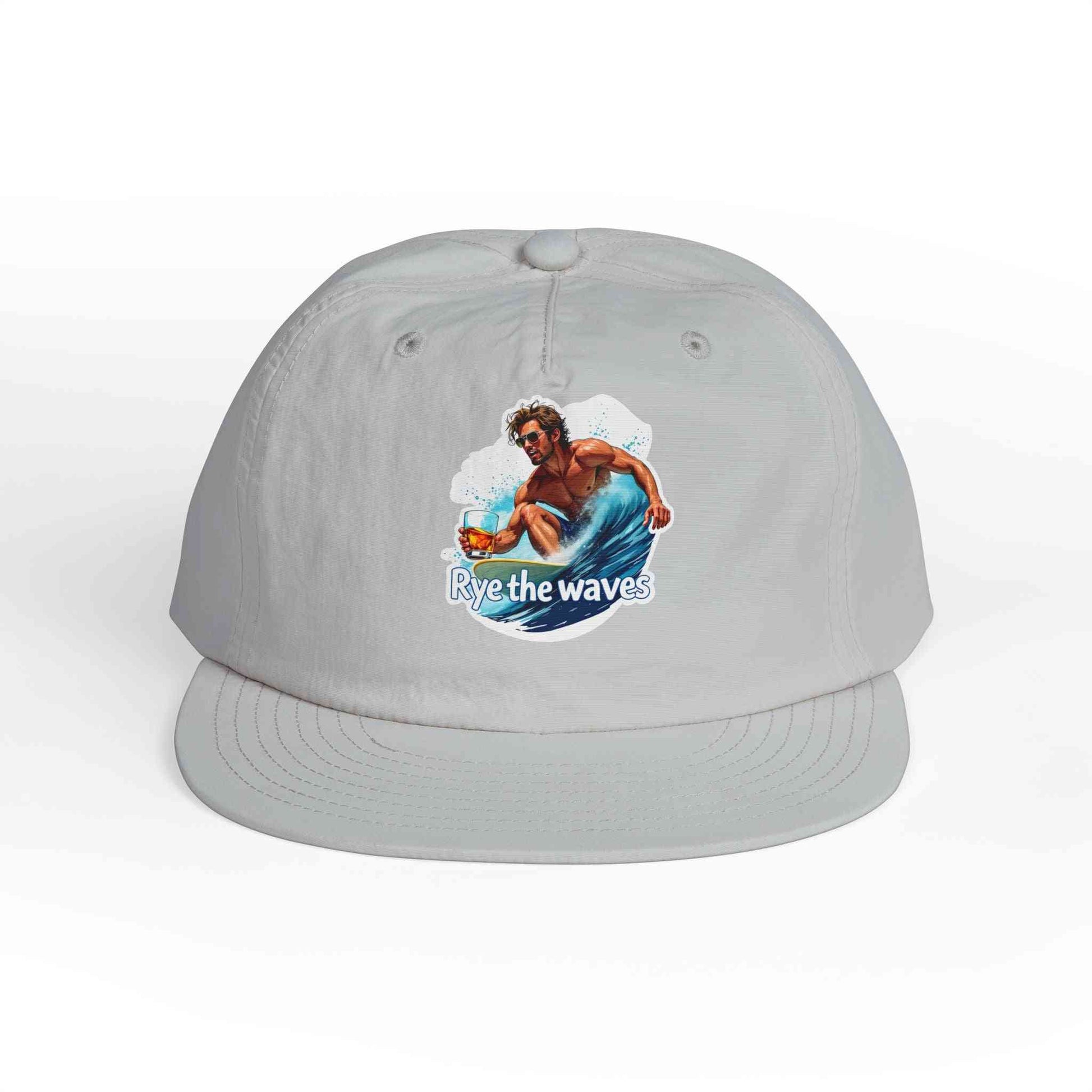 Duplicate light gray Whiskey Bent Hat for Surfers Eco-Friendly Cap with 'Rye the Waves' print, perfect for beach-ready eco style.