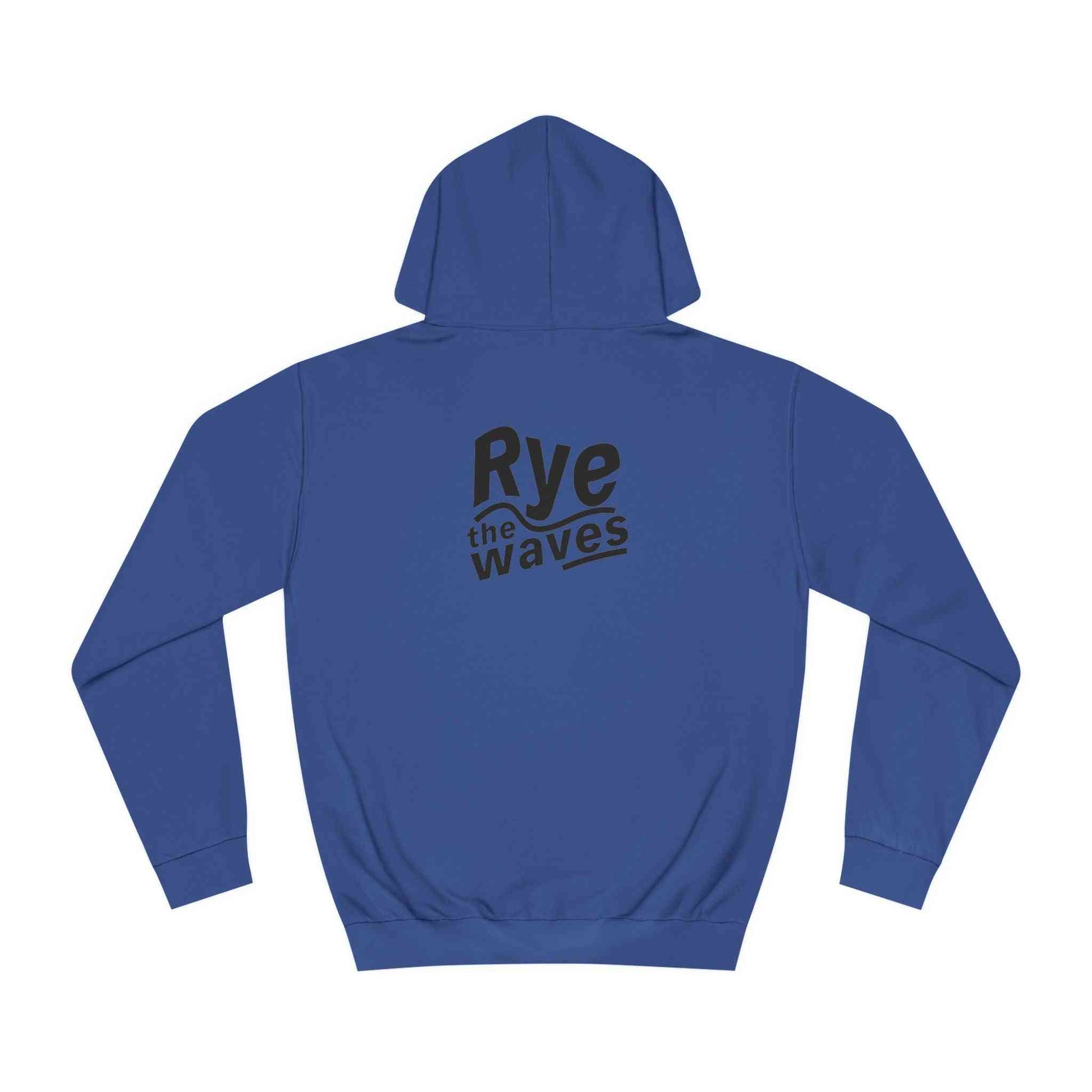 Back view of Coastal Whiskey Hoodie Unisex in blue with bold 'Rye the Waves' graphic, ideal for surf lovers and casual beachwear.