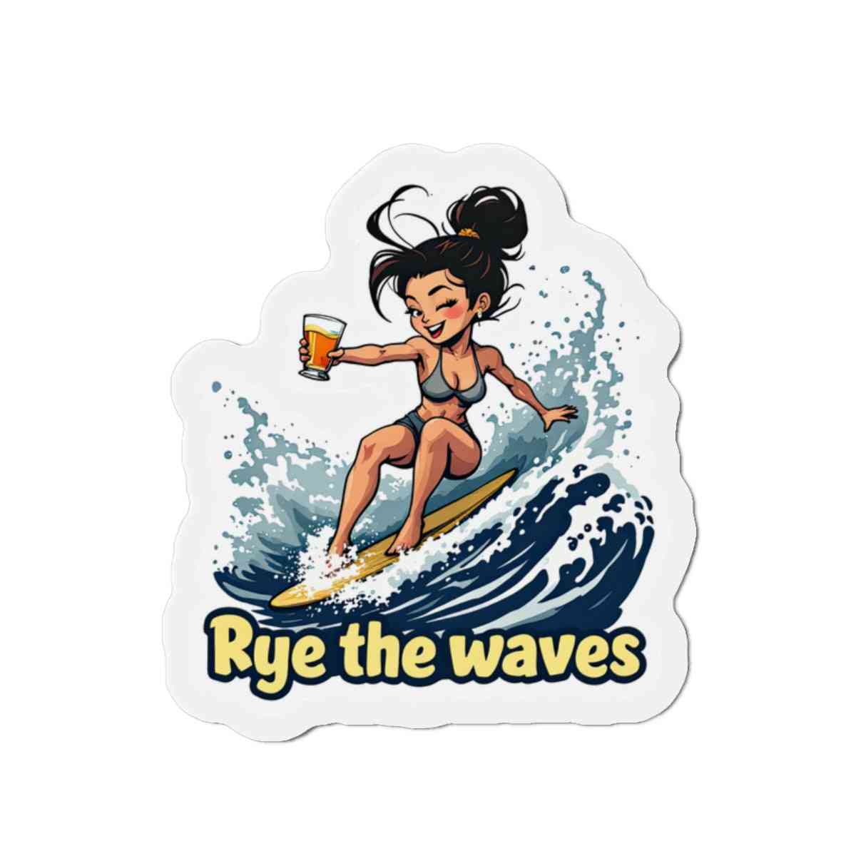 Surf-themed whiskey magnet with a playful cartoon woman holding a drink on a wave, perfect for fridge decor and surf enthusiasts.
