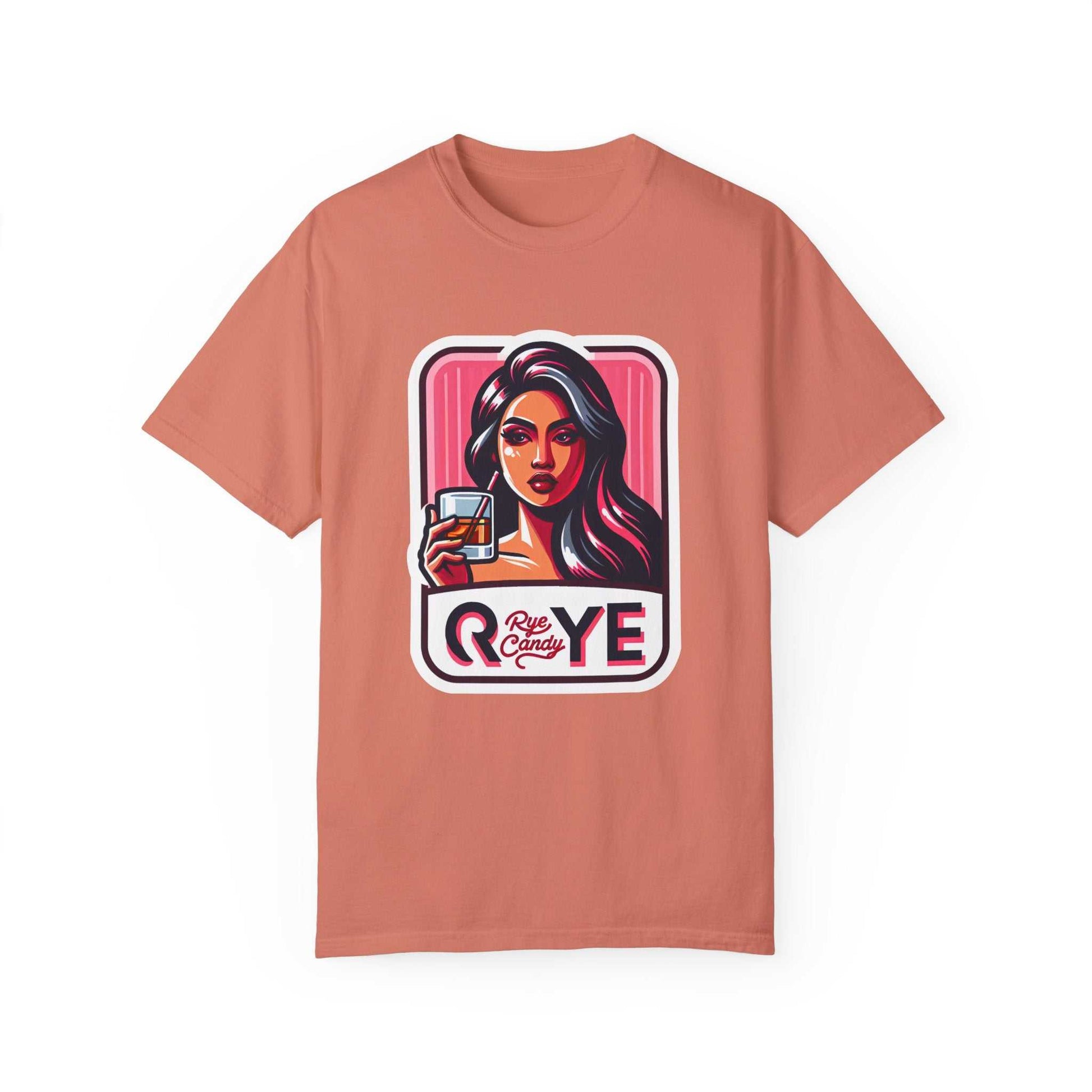 Humorous rye candy T-shirt in terracotta color with eye-catching woman and whiskey glass graphic—great for stylish whiskey enthusiasts.