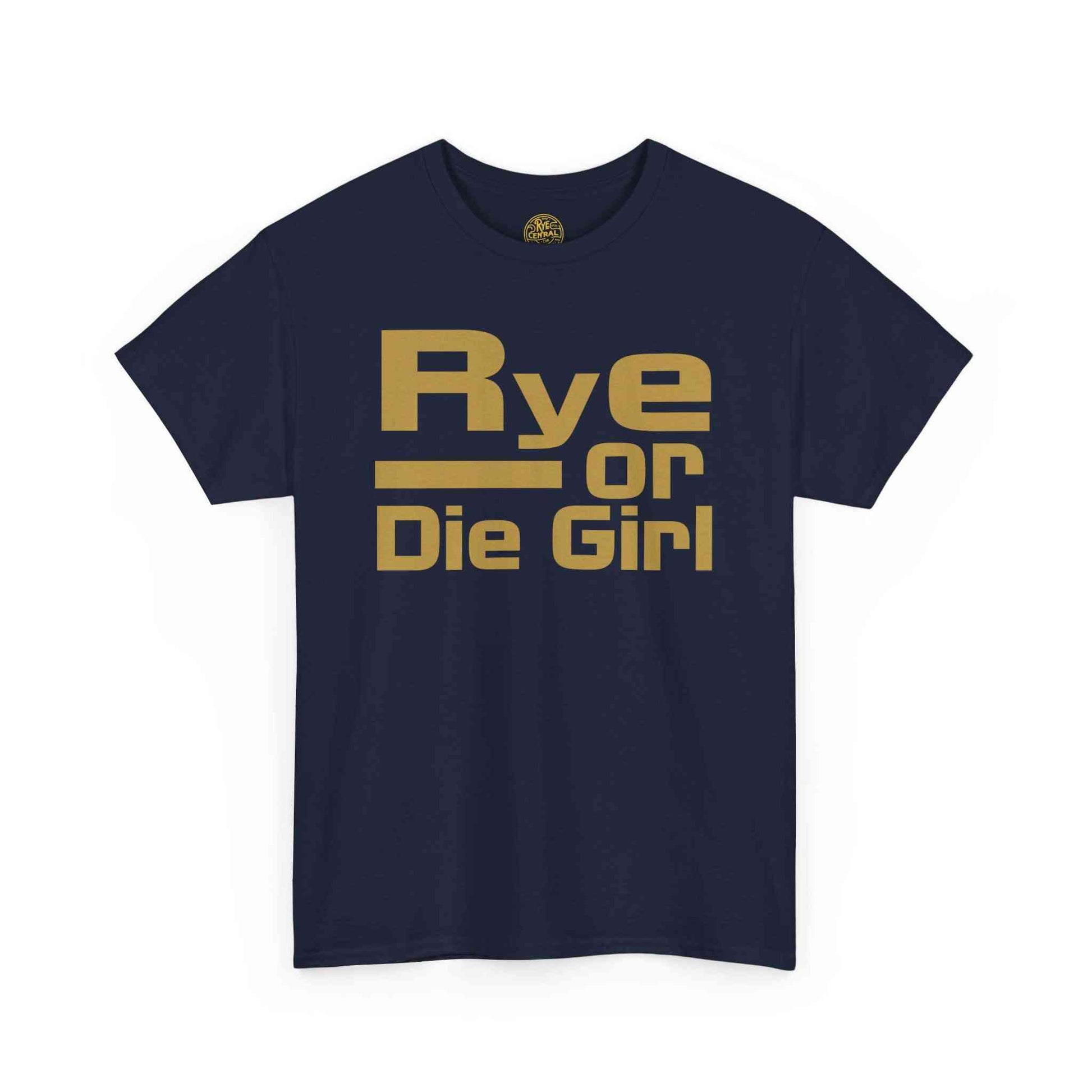 Navy blue women's t-shirt with gold 'Rye or Die Girl' slogan, ideal for whiskey fans seeking stylish comfort.
