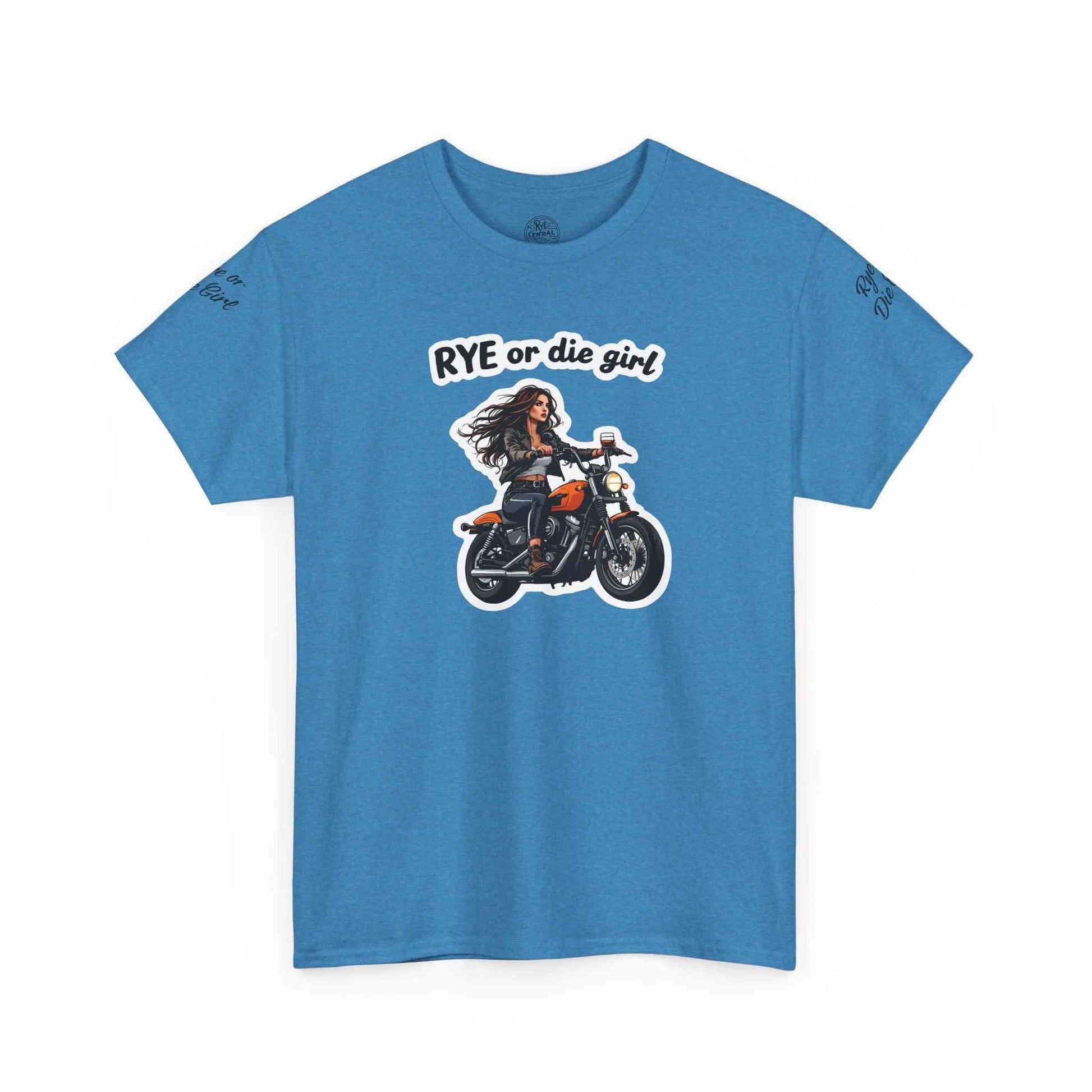 Blue funny whiskey shirt with 'Rye or Die Girl' text and biker girl graphic, ideal for whiskey lovers seeking bold, casual style.