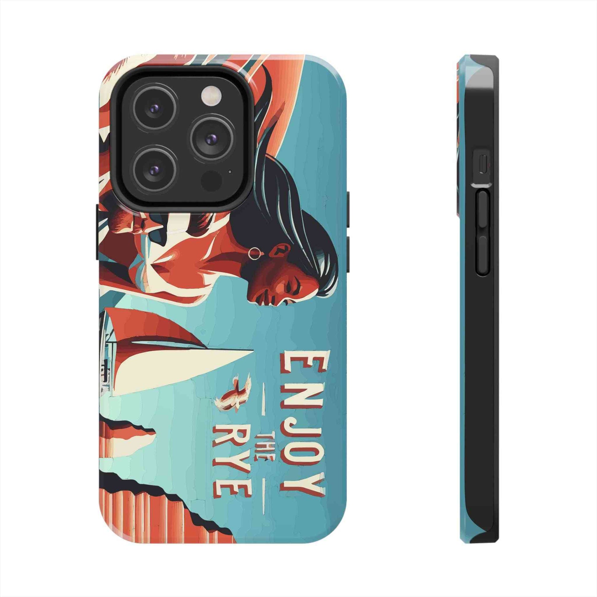 Tough alcohol phone case for whiskey lovers, featuring a bold sailing woman and 'Enjoy the Rye' text on a vibrant background.