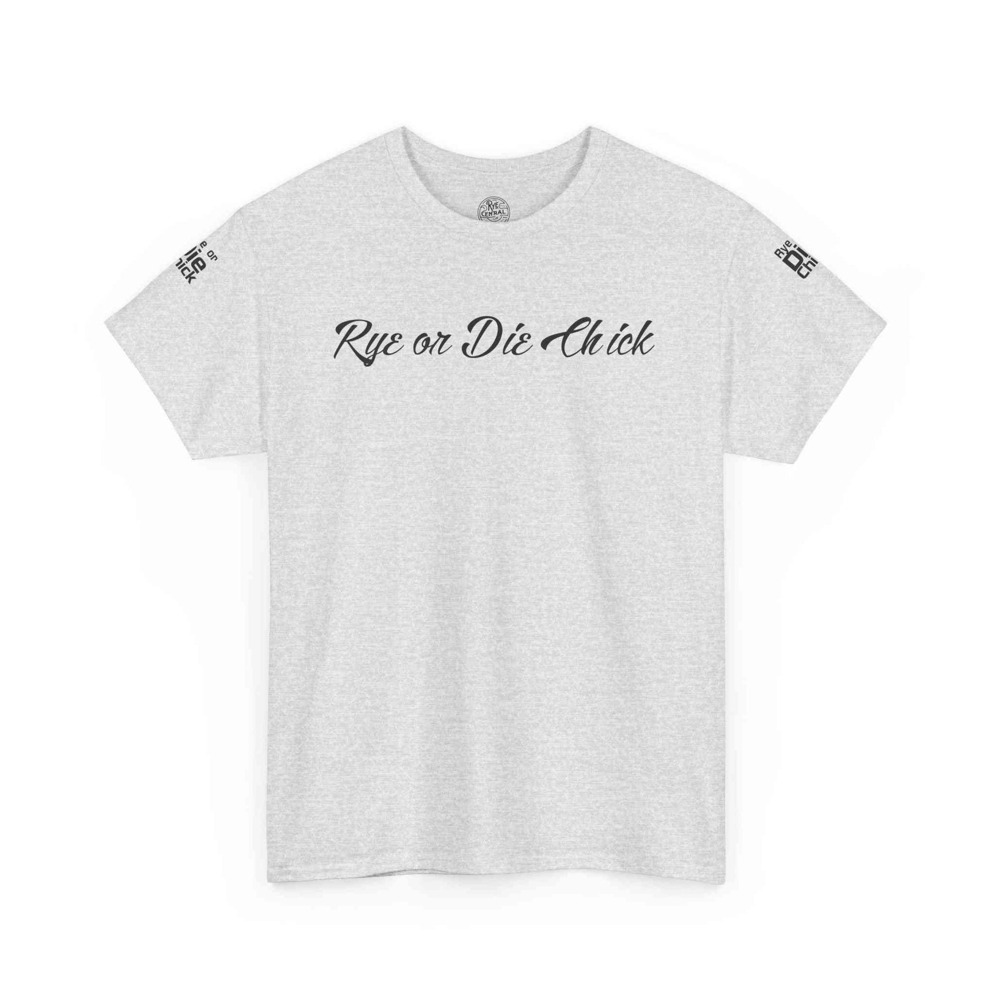 Heather gray Rye Whiskey T-Shirt Women with 'Rye or Die Chick' slogan, a casual and chic choice for whiskey fans.