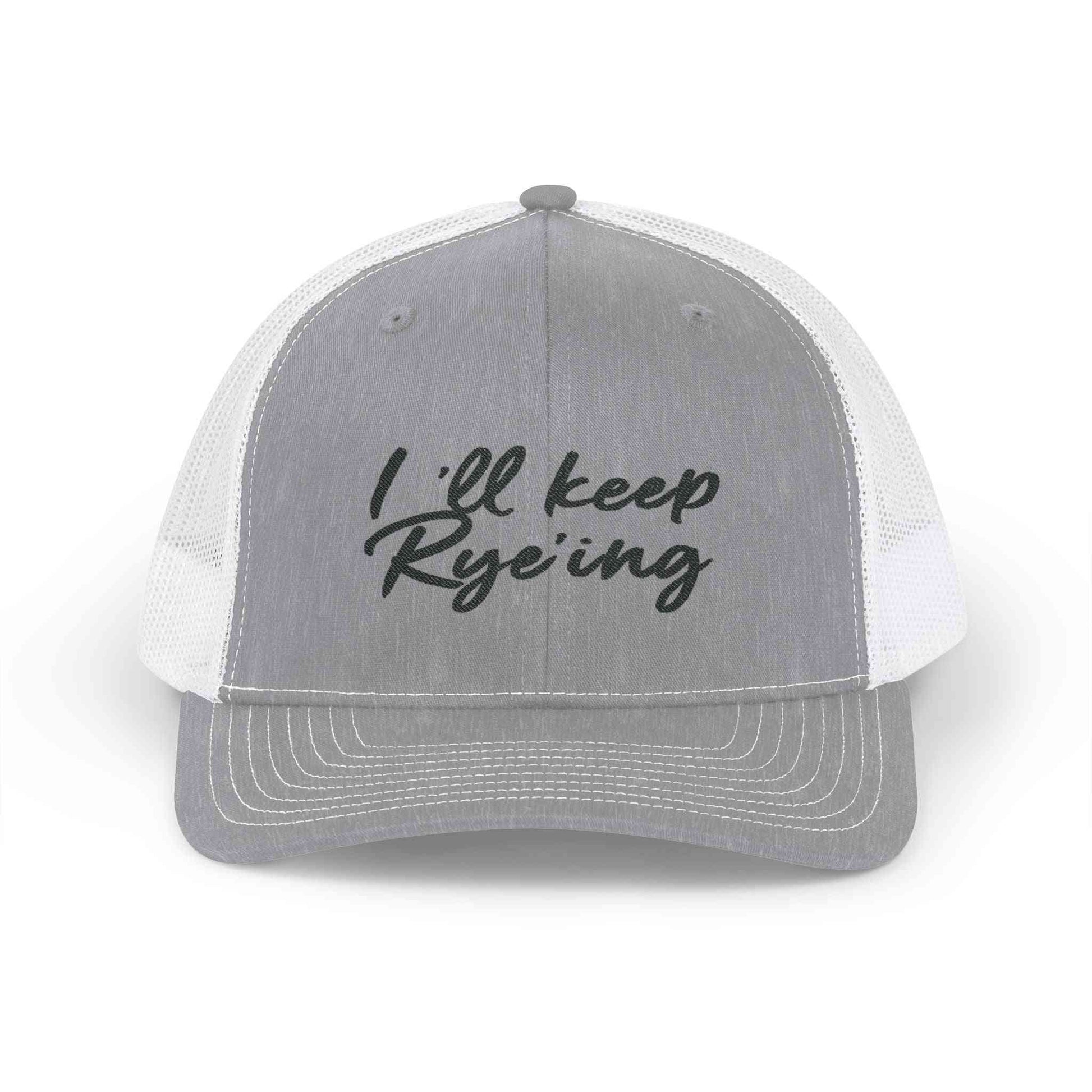 Light gray and white mesh snapback golf dad hat with 'I'll Keep Rye'ing' embroidered, fun whiskey-themed accessory for the course.