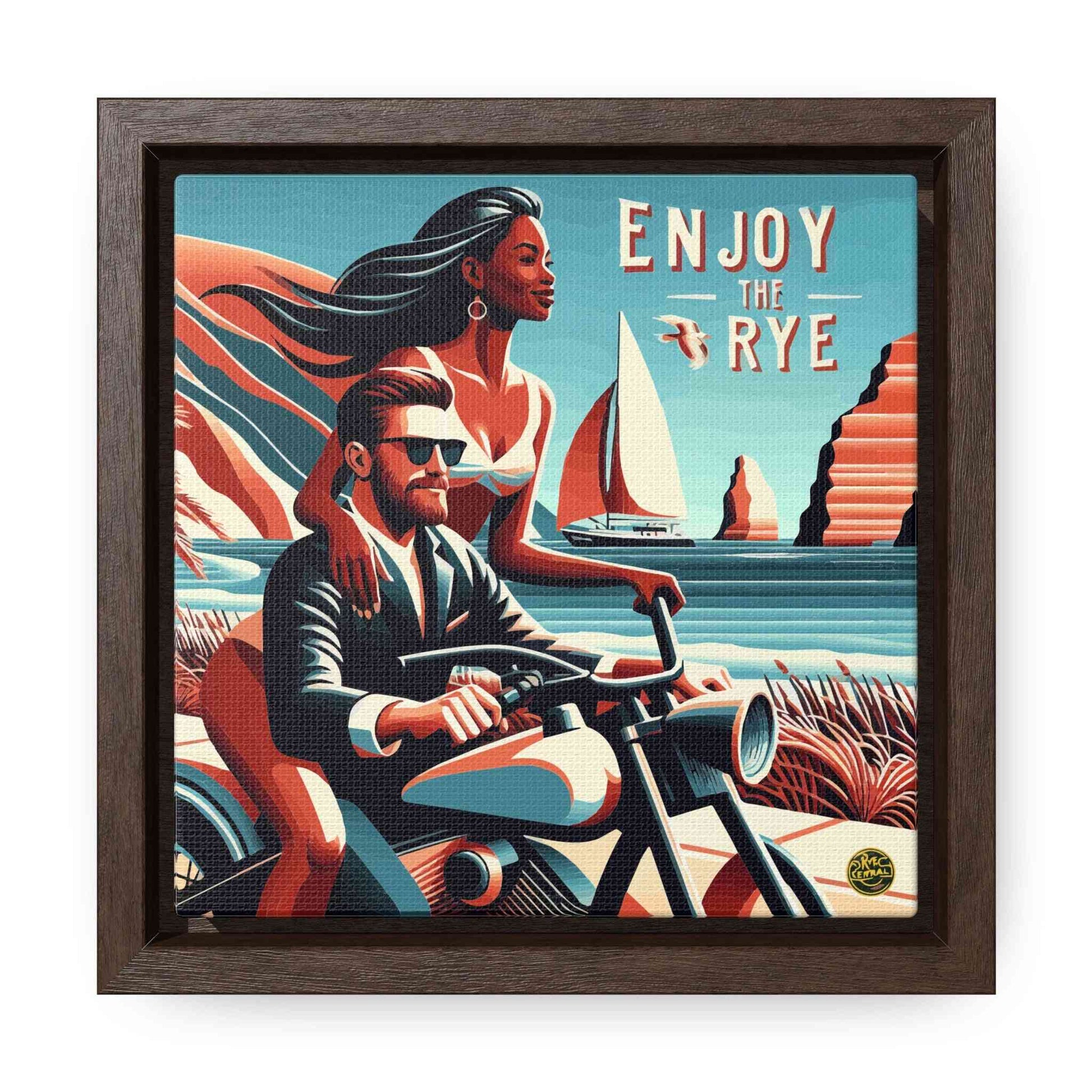 Enjoy The Rye Whiskey Canvas Art shows a retro-styled couple riding a motorcycle near cliffs and sea, ideal for whiskey-themed wall decor.