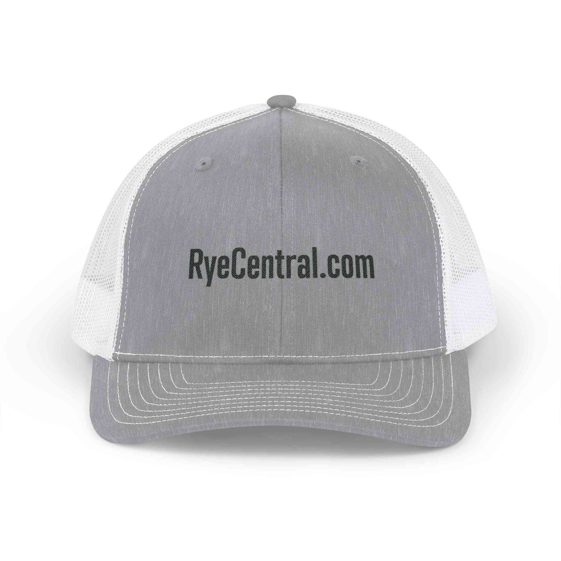 Light gray and white Whiskey Trucker Hat with RyeCentral.com logo, perfect for elevating casual outfits with vintage flair.