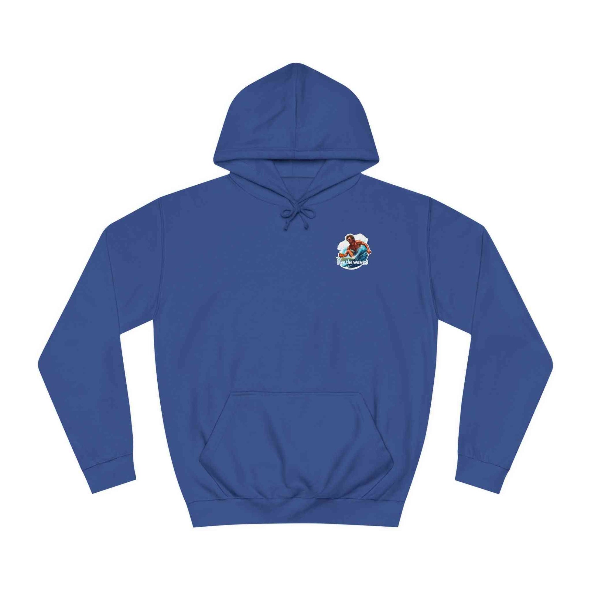 Surf Whiskey Hoodie in royal blue laid flat, showcasing front chest surf graphic and kangaroo pocket for casual comfort and beach-ready style.