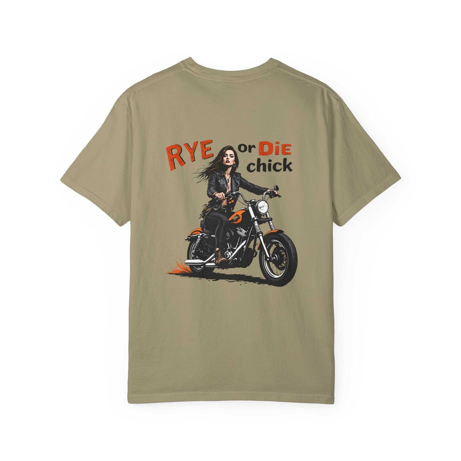 Khaki Cute Whiskey Shirt Women Love Rye Or Die Chick Tee with biker graphic and bold red text on back, ideal for whiskey lovers and thrill seekers.