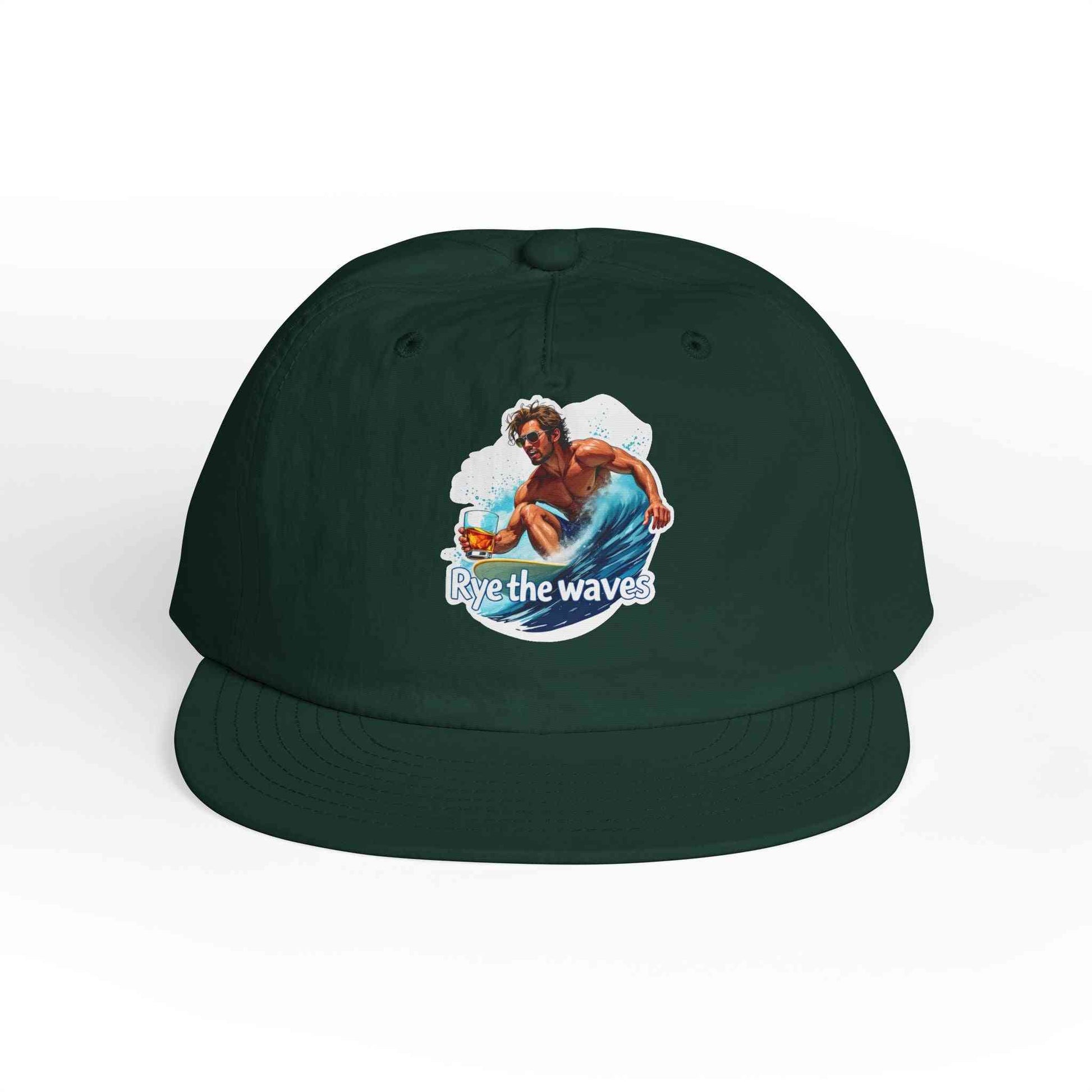 Dark green Whiskey Bent Hat for Surfers Eco-Friendly Cap with 'Rye the Waves' artwork, ideal for eco-friendly surf enthusiasts.