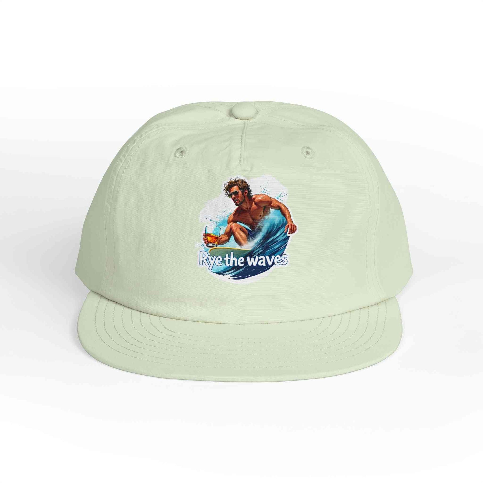 Mint green Whiskey Bent Hat for Surfers Eco-Friendly Cap with bold surfer illustration, perfect for eco-conscious surfers and beach lovers.