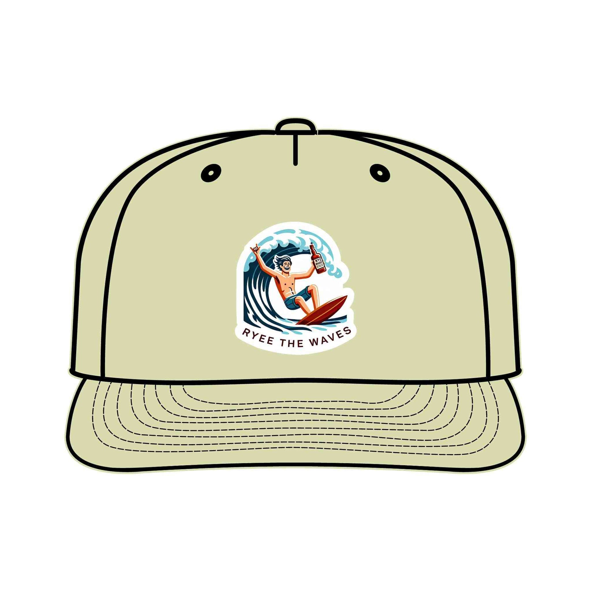 Eco-friendly light olive surf drinking hat featuring a cartoon surfer and 'Ryee The Waves' slogan, ideal for beach lovers and outdoor adventures.