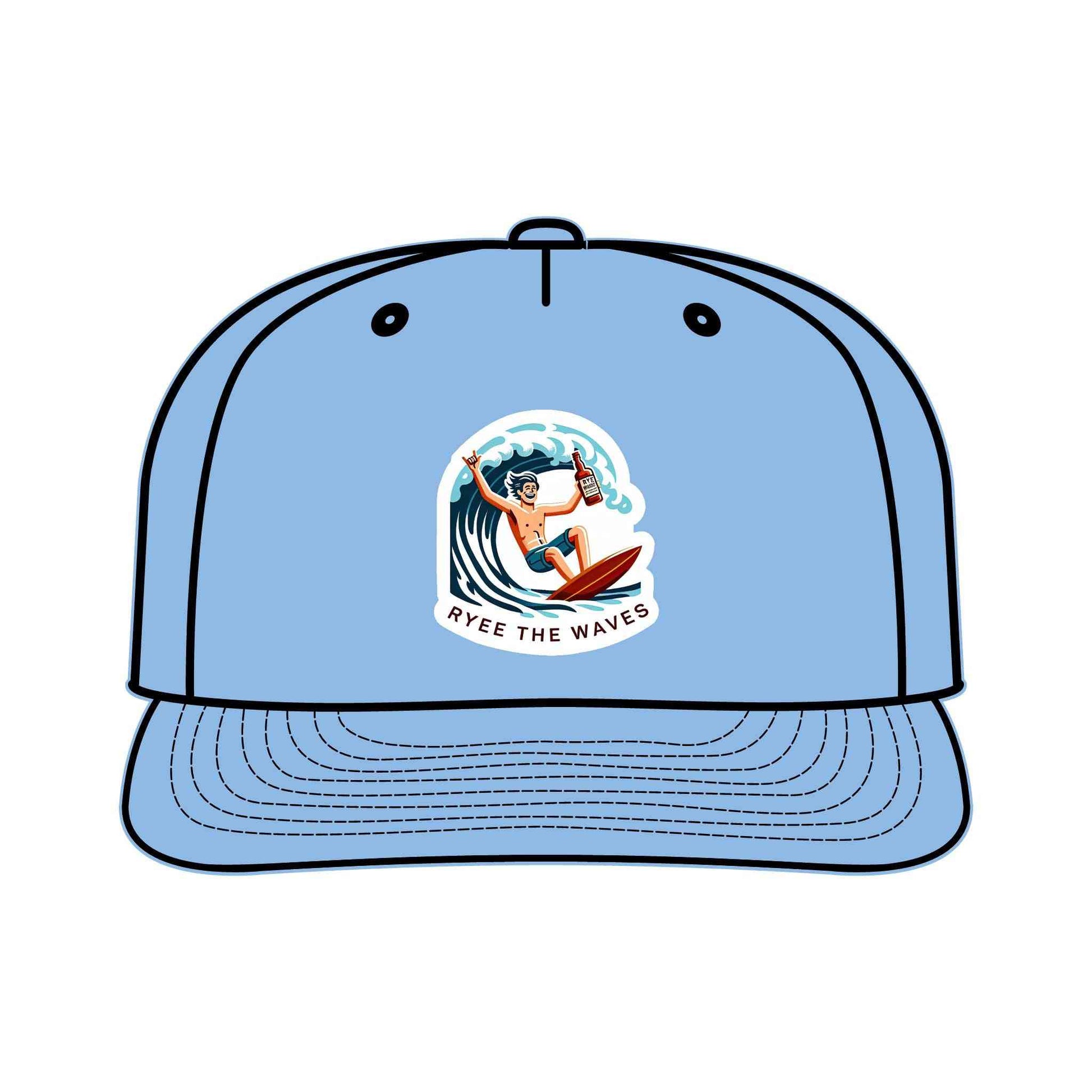 Sky blue Funny Surf Drinking Hat with surfer illustration and 'Ryee The Waves' logo. Sustainable and quick-dry cap perfect for surf enthusiasts.