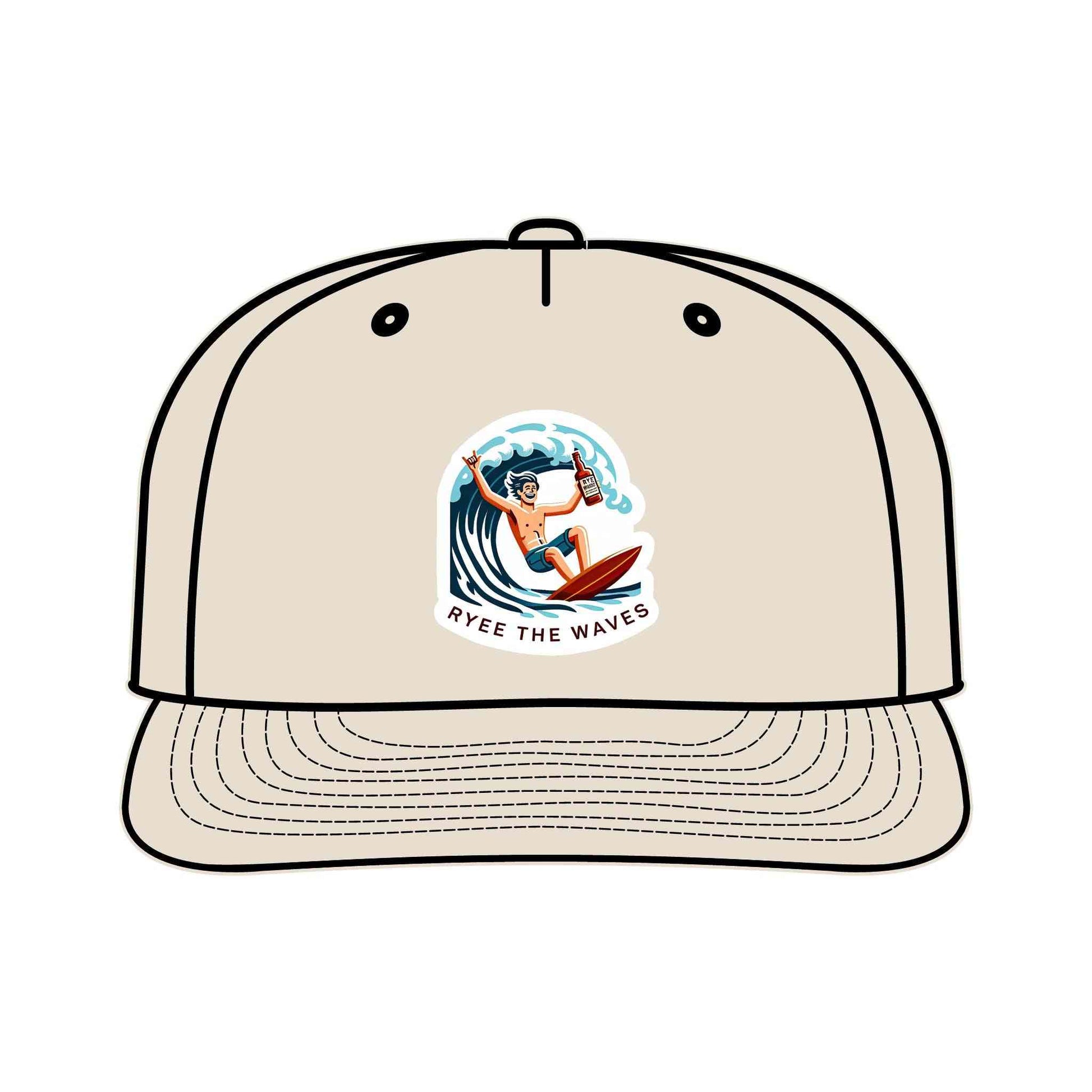 Beige unstructured surf cap made from recycled nylon, featuring a fun cartoon surfer and 'Ryee The Waves' branding for sustainable beachwear.
