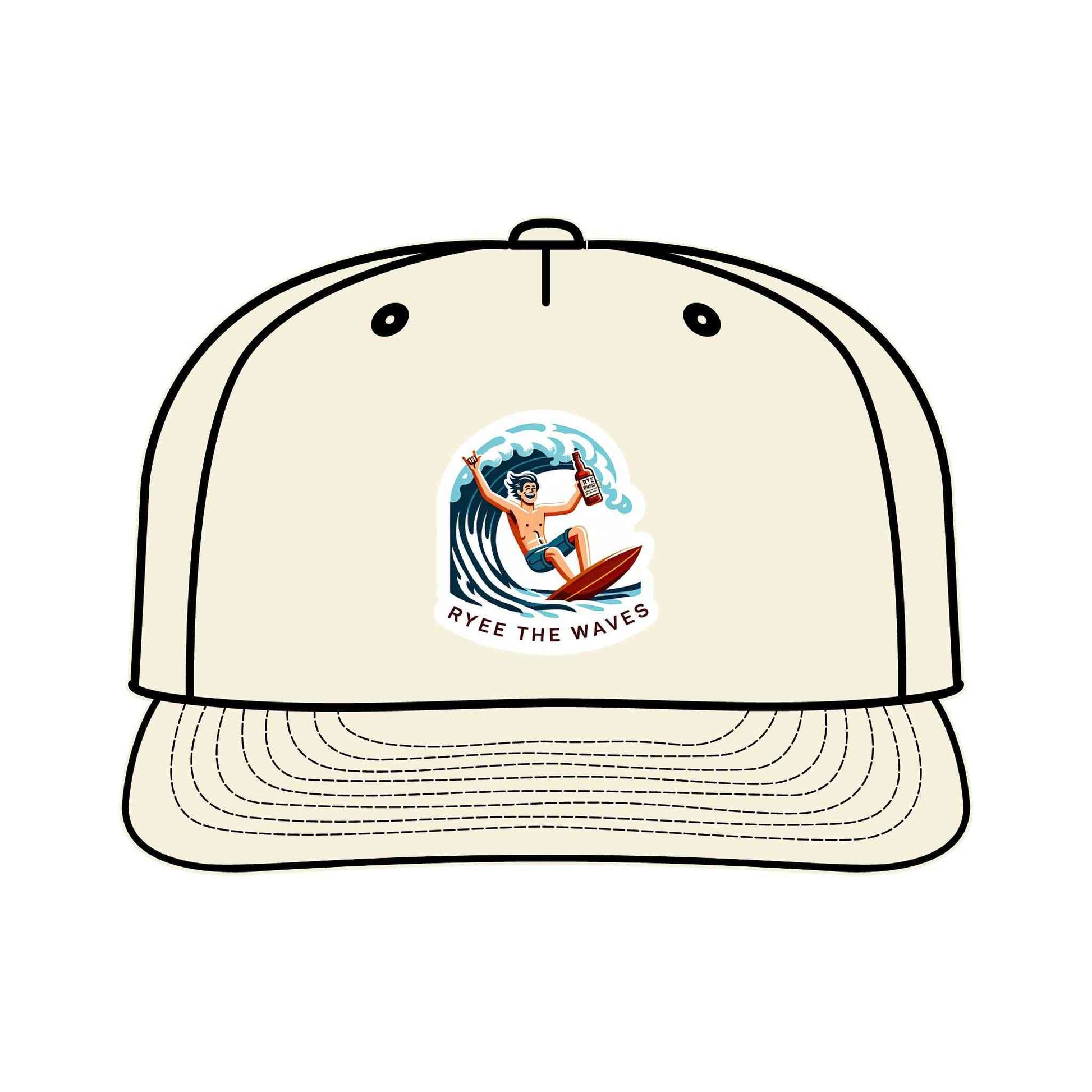 Cream-colored eco-friendly surf cap with cartoon surfer and 'Ryee The Waves' logo, made from recycled nylon for stylish sustainability.