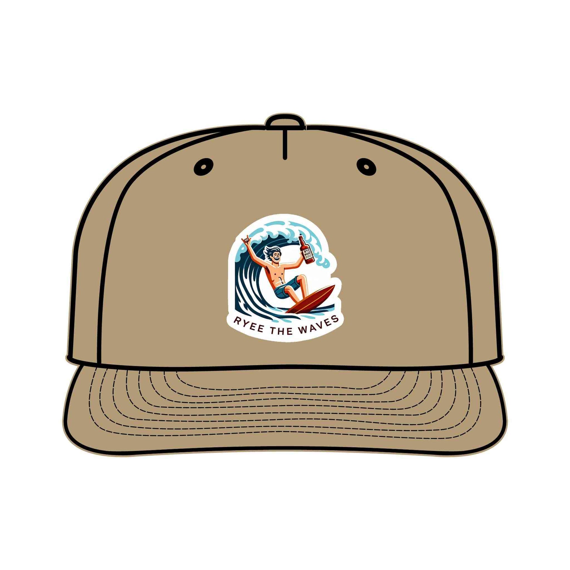 Khaki recycled nylon surf hat with fun cartoon surfer and 'Ryee The Waves' print, perfect for unisex beachwear and eco-conscious style.