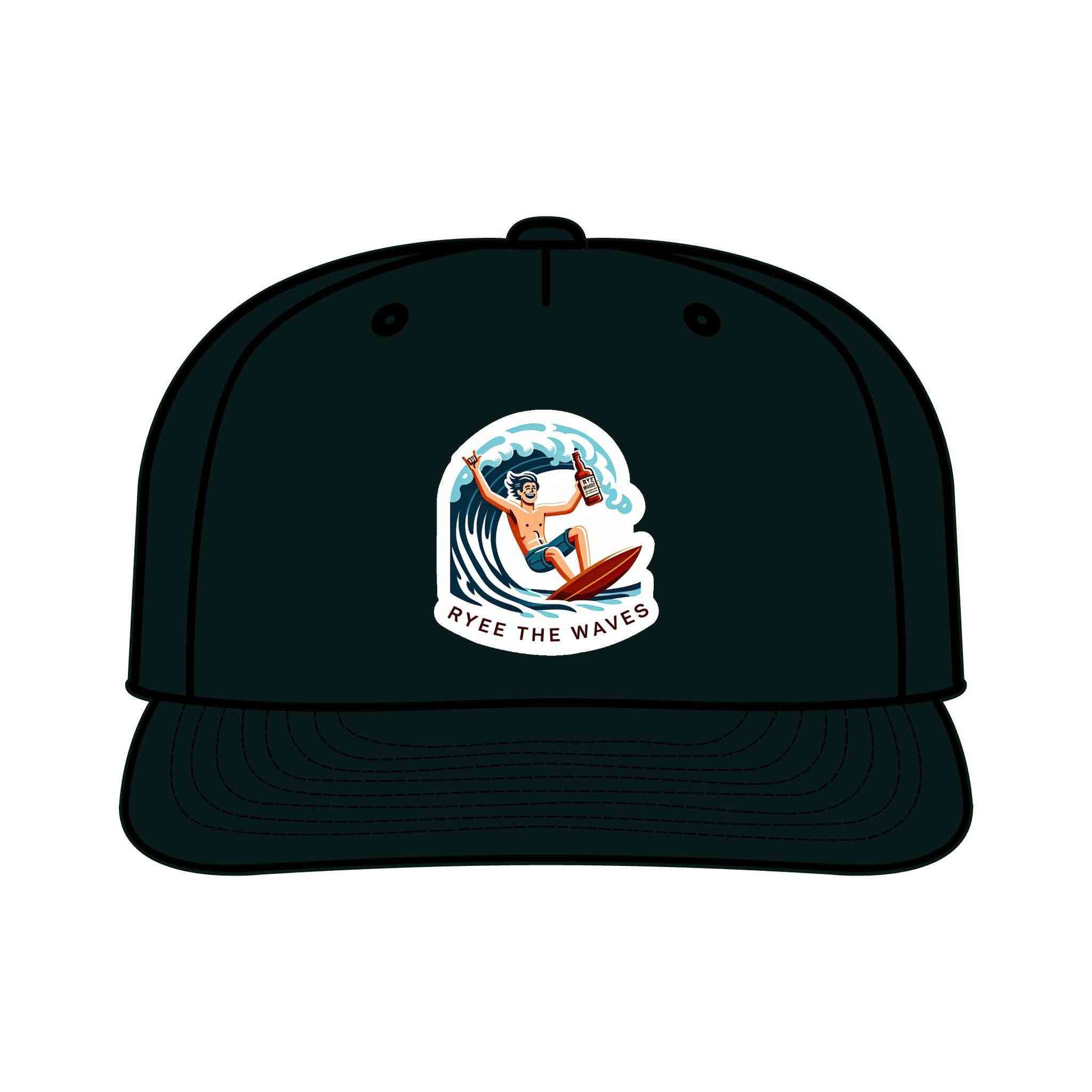 Black Funny Surf Drinking Hat with colorful cartoon surfer and 'Ryee The Waves' slogan. Recycled nylon cap ideal for sustainable fashion fans.