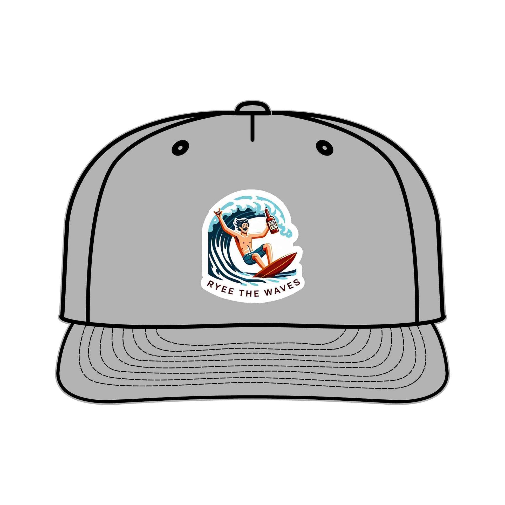 Gray recycled nylon surf hat with cartoon surfer and 'Ryee The Waves' branding, designed for lightweight, quick-dry outdoor wear.