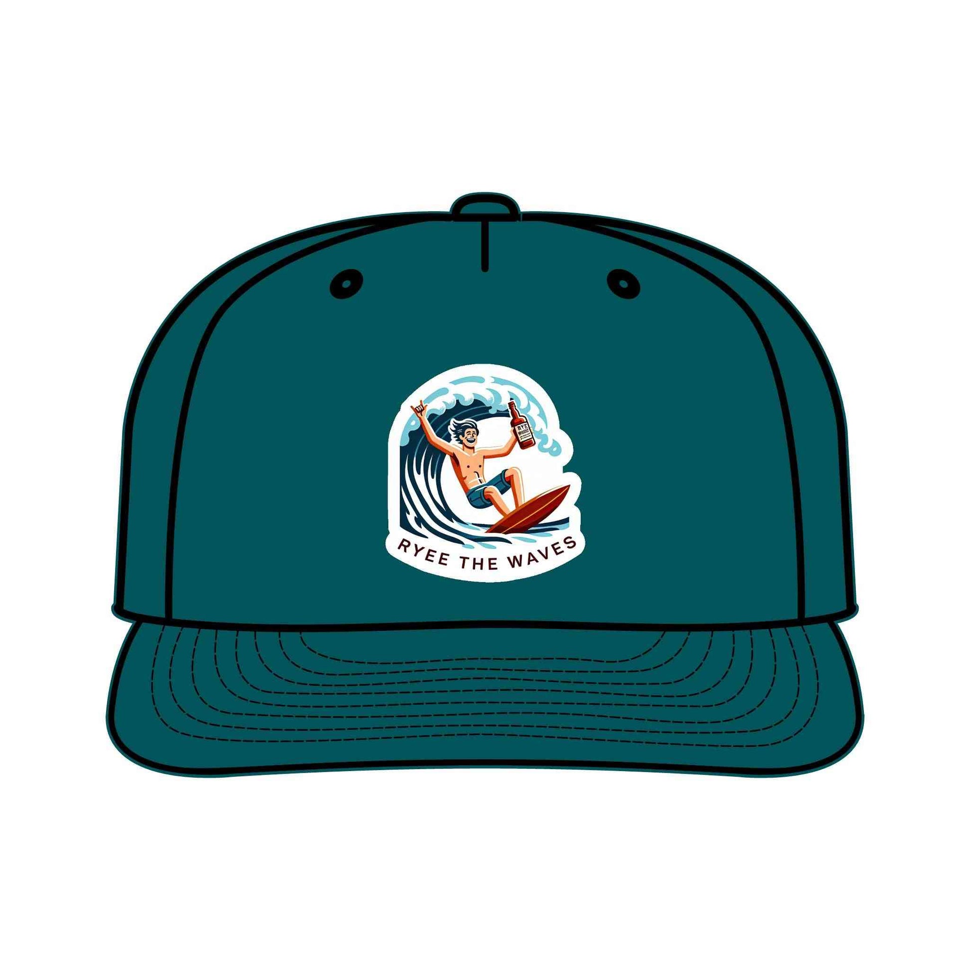 Teal eco-friendly Funny Surf Drinking Hat with 'Ryee The Waves' surfer logo. Lightweight and unstructured for surfing and beach activities.