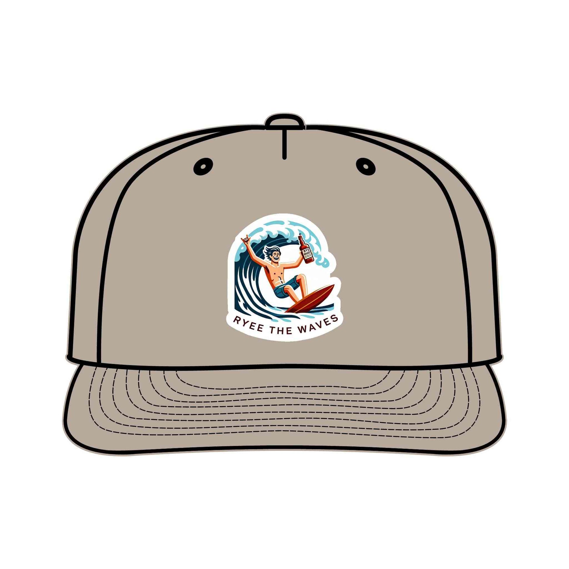 Taupe eco-friendly surf cap with cartoon surfer and 'Ryee The Waves' slogan, ideal for sustainable fashion and outdoor activities.