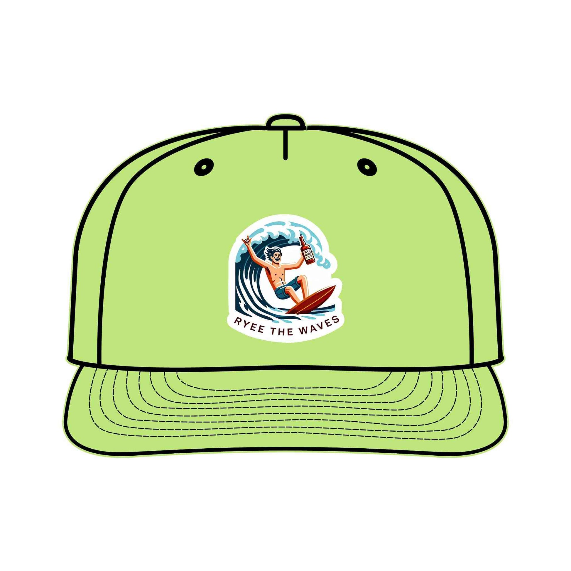 Funny Surf Drinking Hat in lime green with cartoon surfer and 'Ryee The Waves' logo. Eco-friendly cap made from recycled nylon for beach lovers.