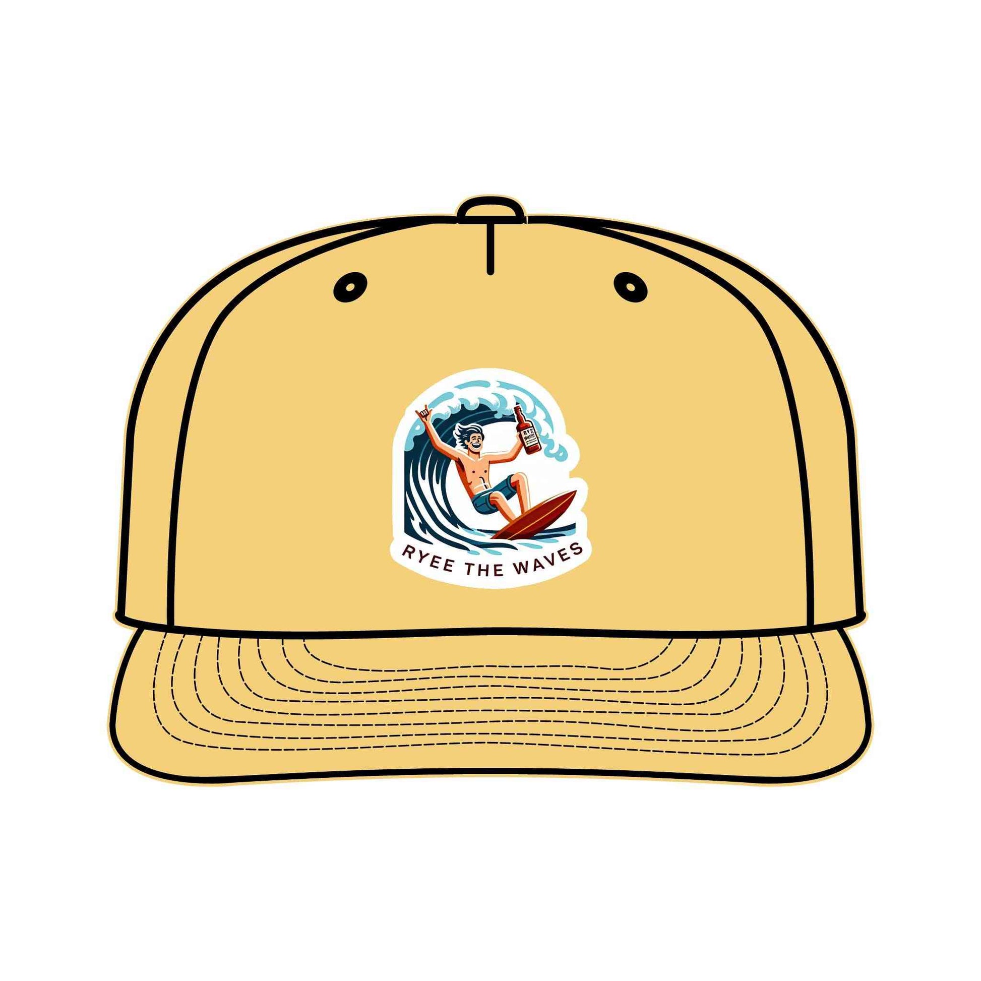 Yellow funny surf drinking hat with cartoon surfer and 'Ryee The Waves' logo, made from quick-dry recycled nylon for eco-friendly adventures.