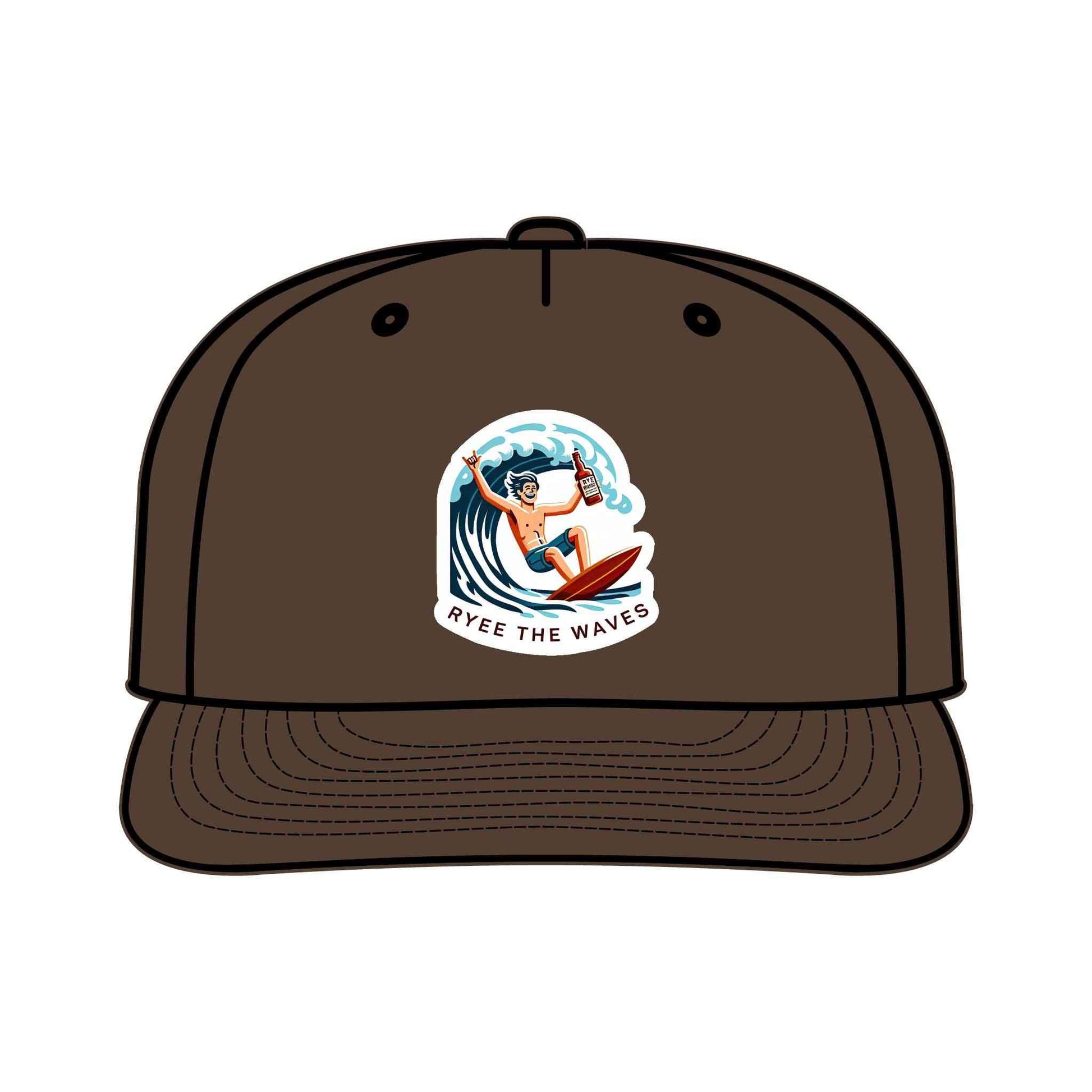 Dark brown sustainable surf drinking hat with cartoon surfer and 'Ryee The Waves' design, great for outdoor lovers and eco-friendly fashion.